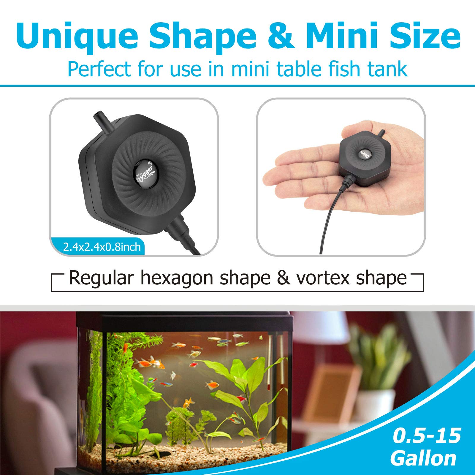 hygger compact pump size fits small fish bowls without clutter.