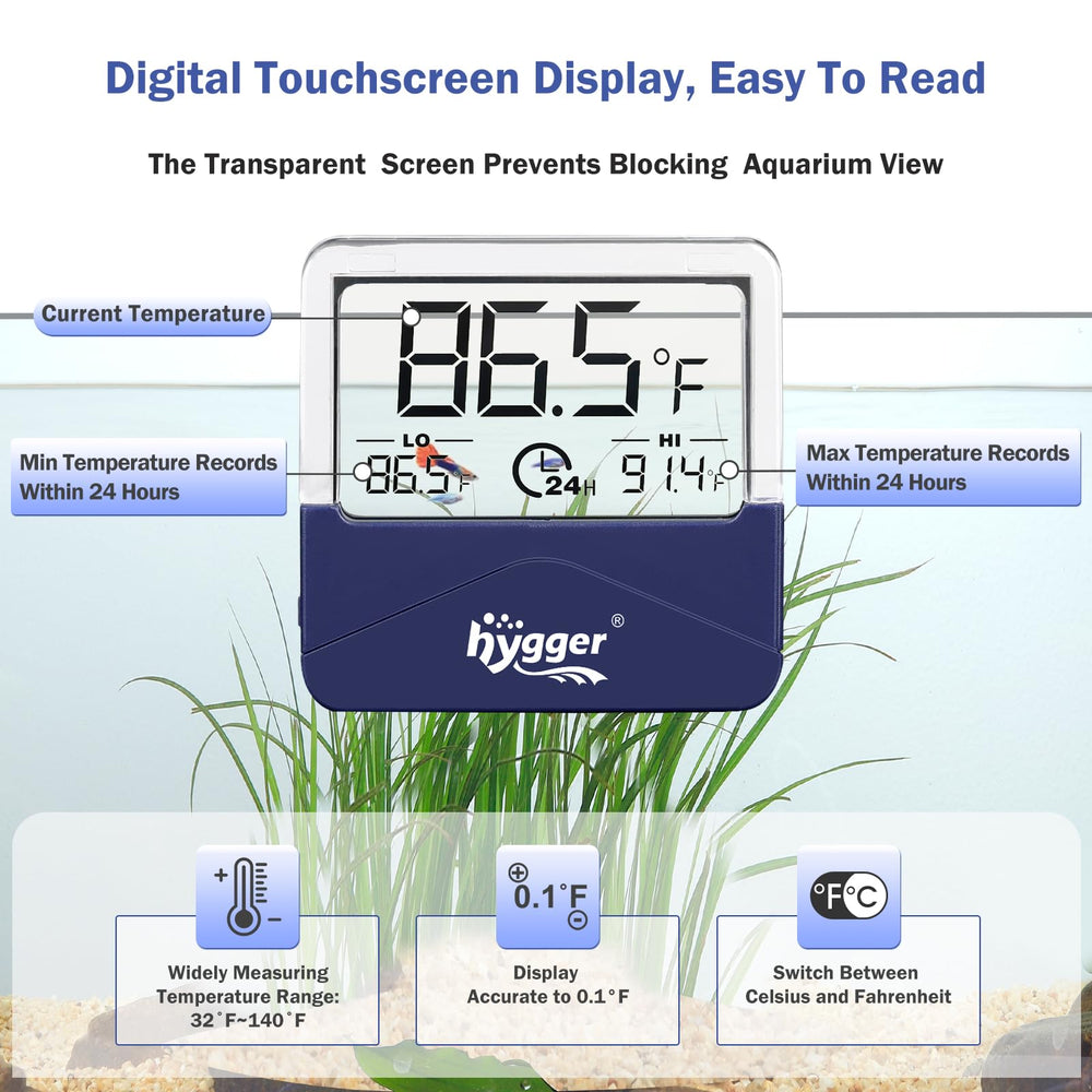 The hygger digital aquarium thermometer max/min 24h recording emphasizes temperature trends in your tank
