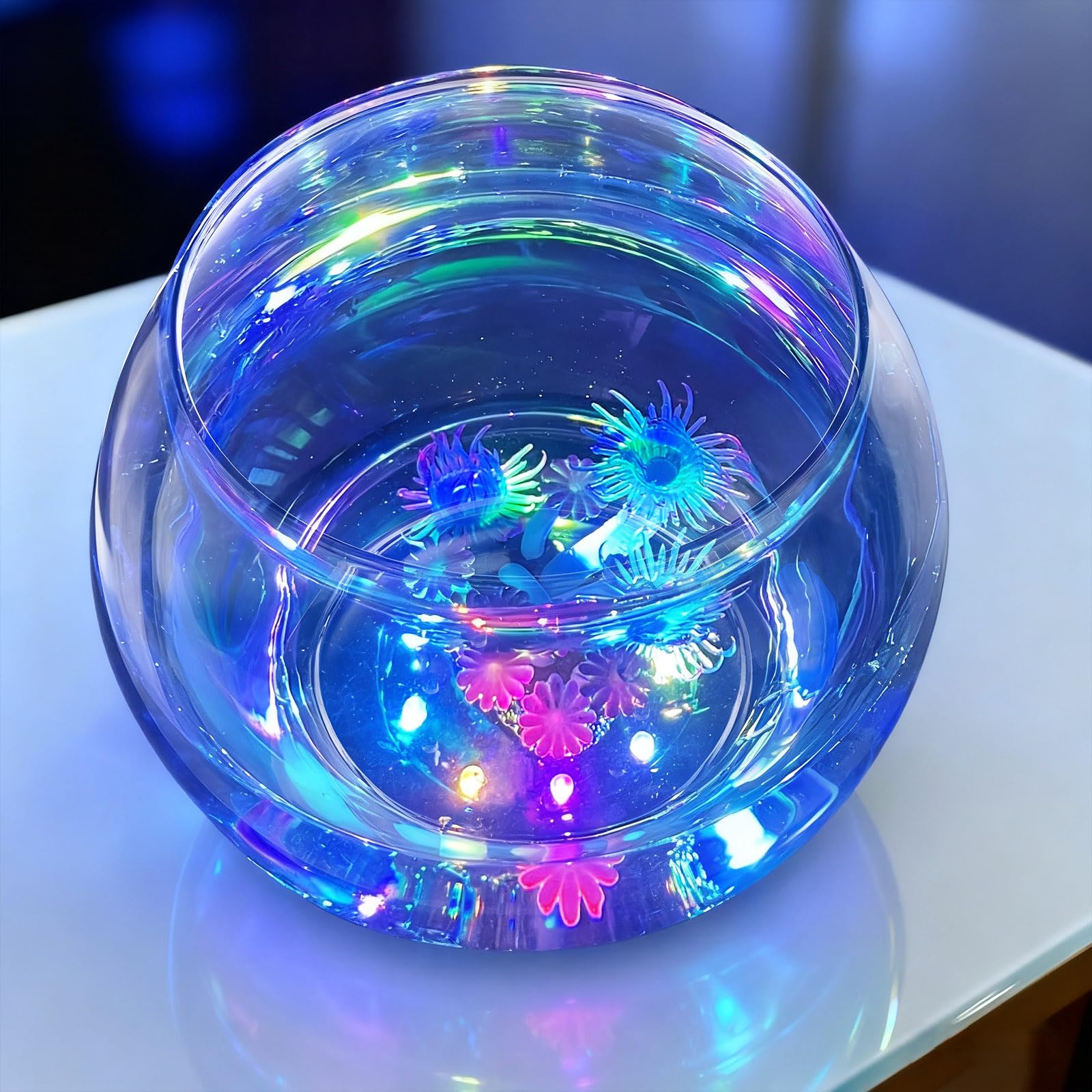 Hygger fish bowl clear glass with LED base creating ambient room lighting