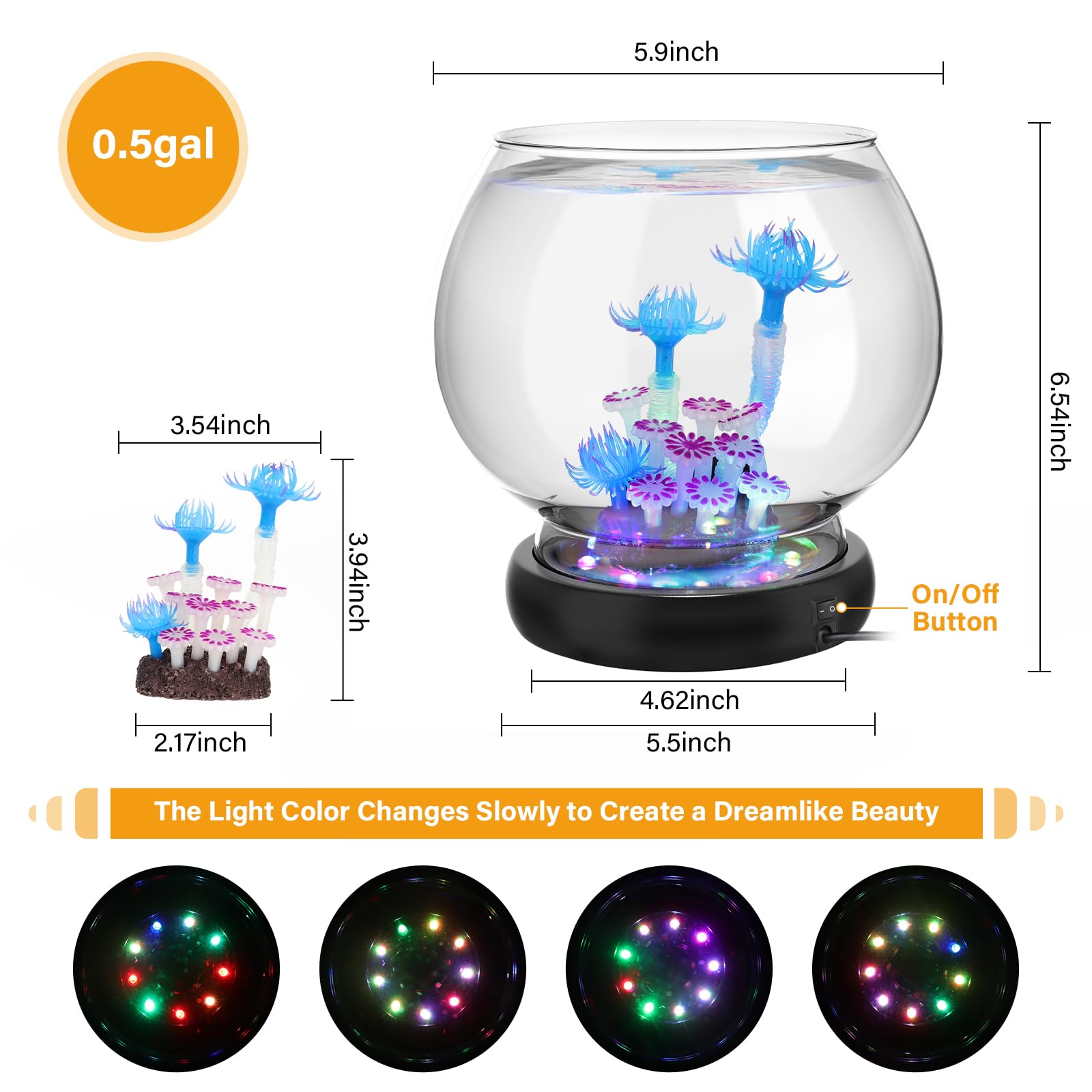 Hygger fish bowl compact size showing dimensions for desks and shelves