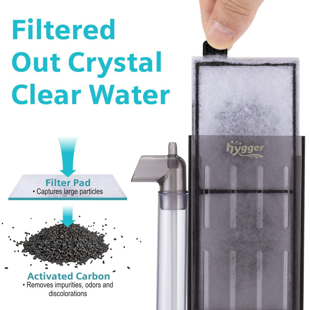 Hygger HG-959 cartridge closeup shows dense carbon layer trapping debris