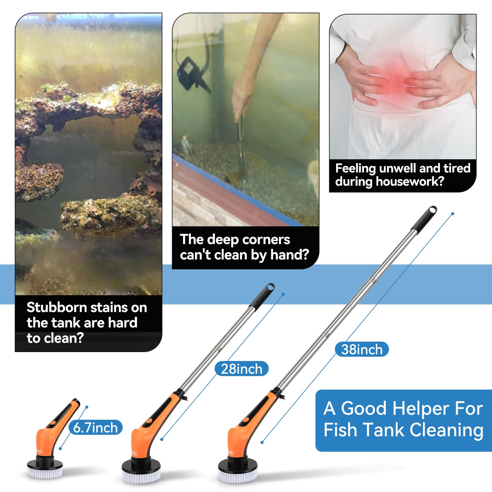 Hygger IPX8 replaceable brush heads showcase soft and hard bristles for targeted spots.