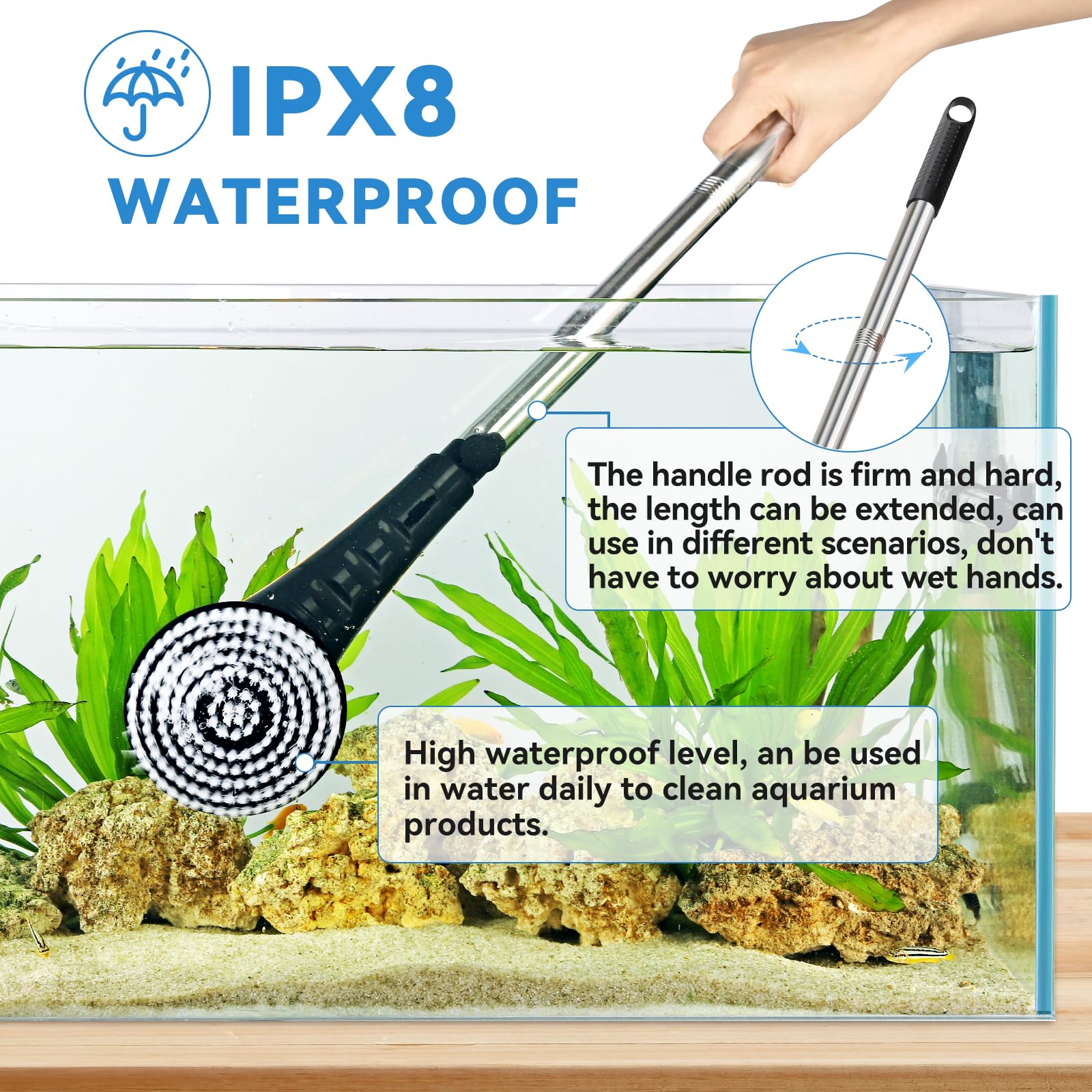 Hygger IPX8 wireless-rechargeable-battery enables cordless cleaning anywhere.
