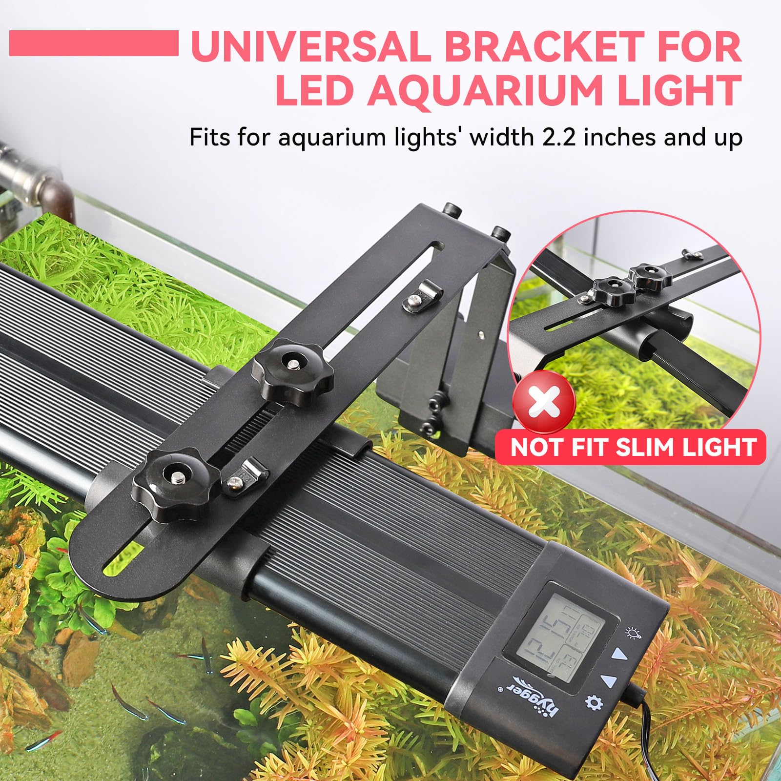 Hygger light riser assembly with clips demonstrates universal fit for many long aquarium lights.