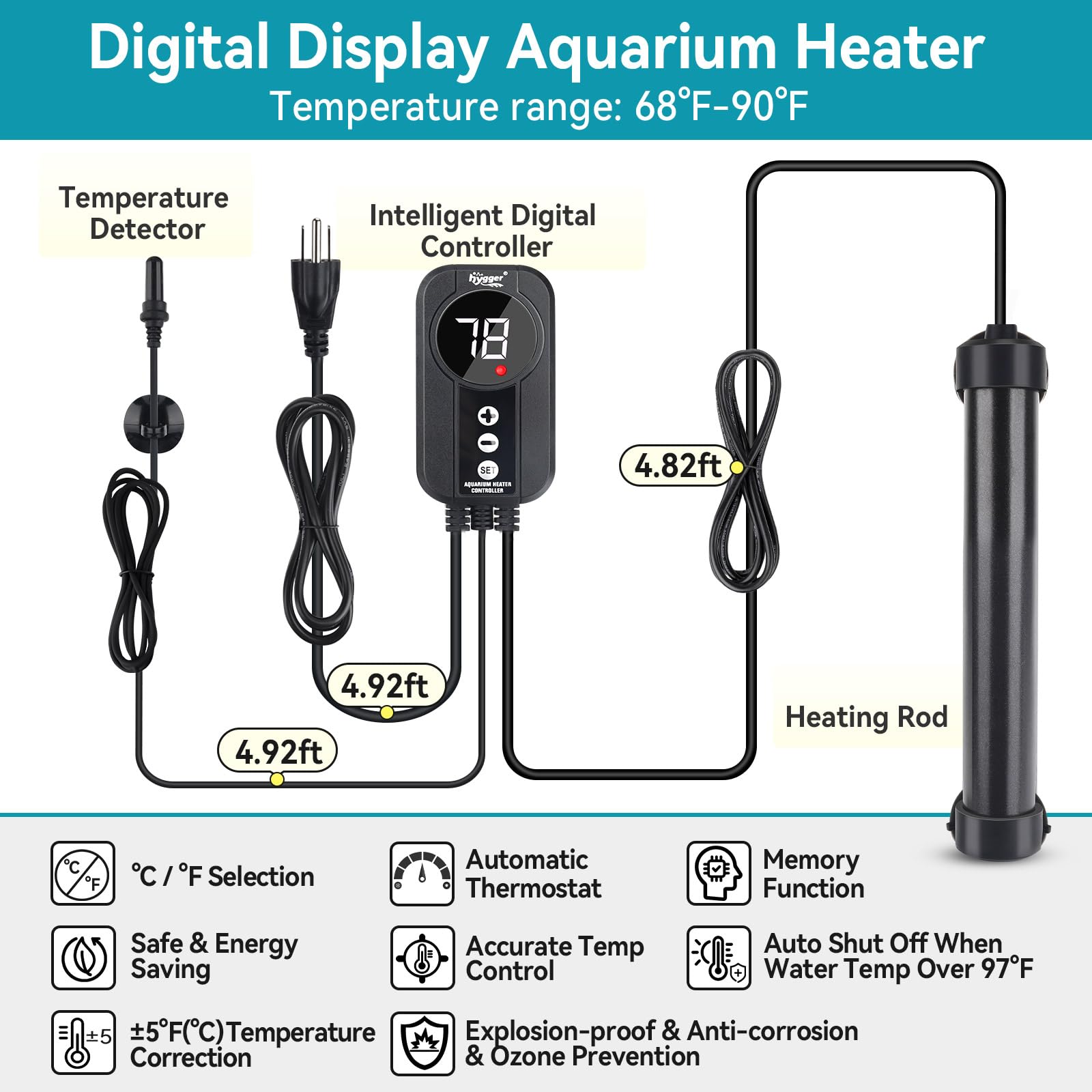hygger marine aquarium heater titanium rod closeup highlights durable corrosion-resistant heating element