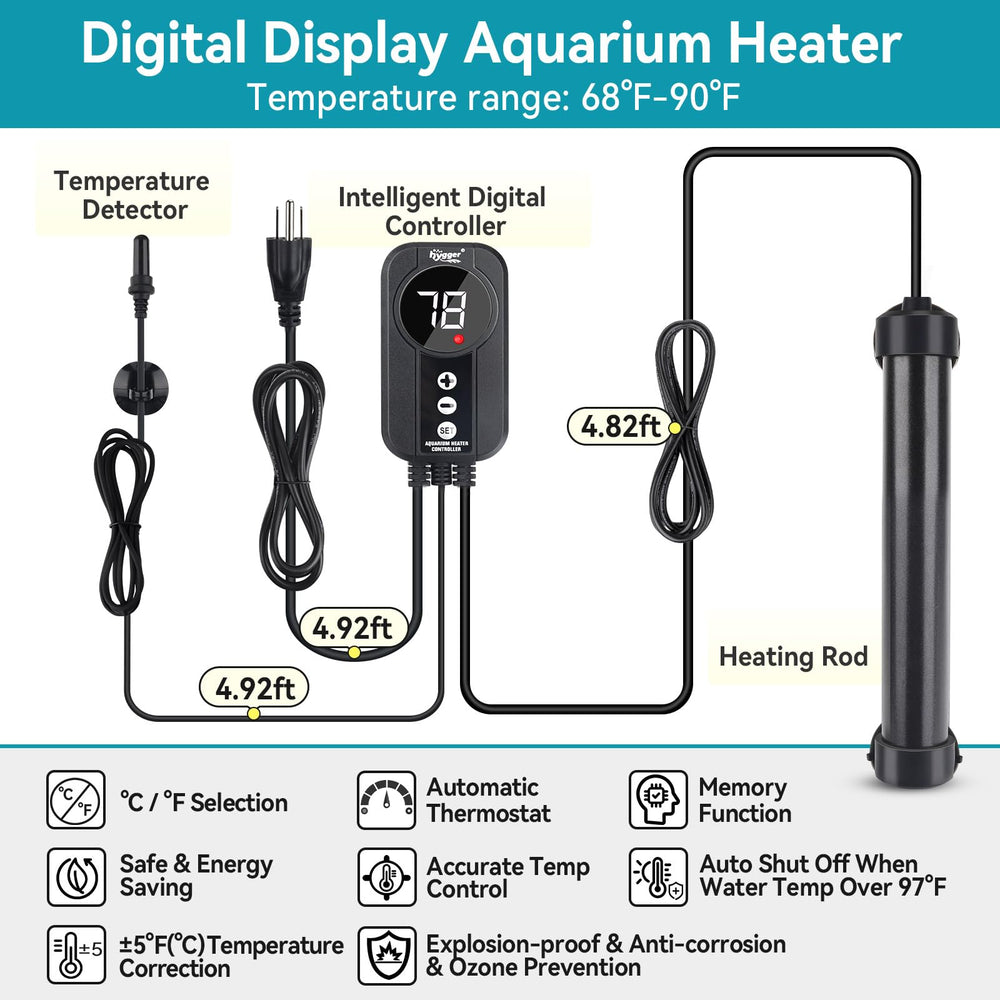 hygger marine aquarium heater titanium rod closeup highlights durable corrosion-resistant heating element