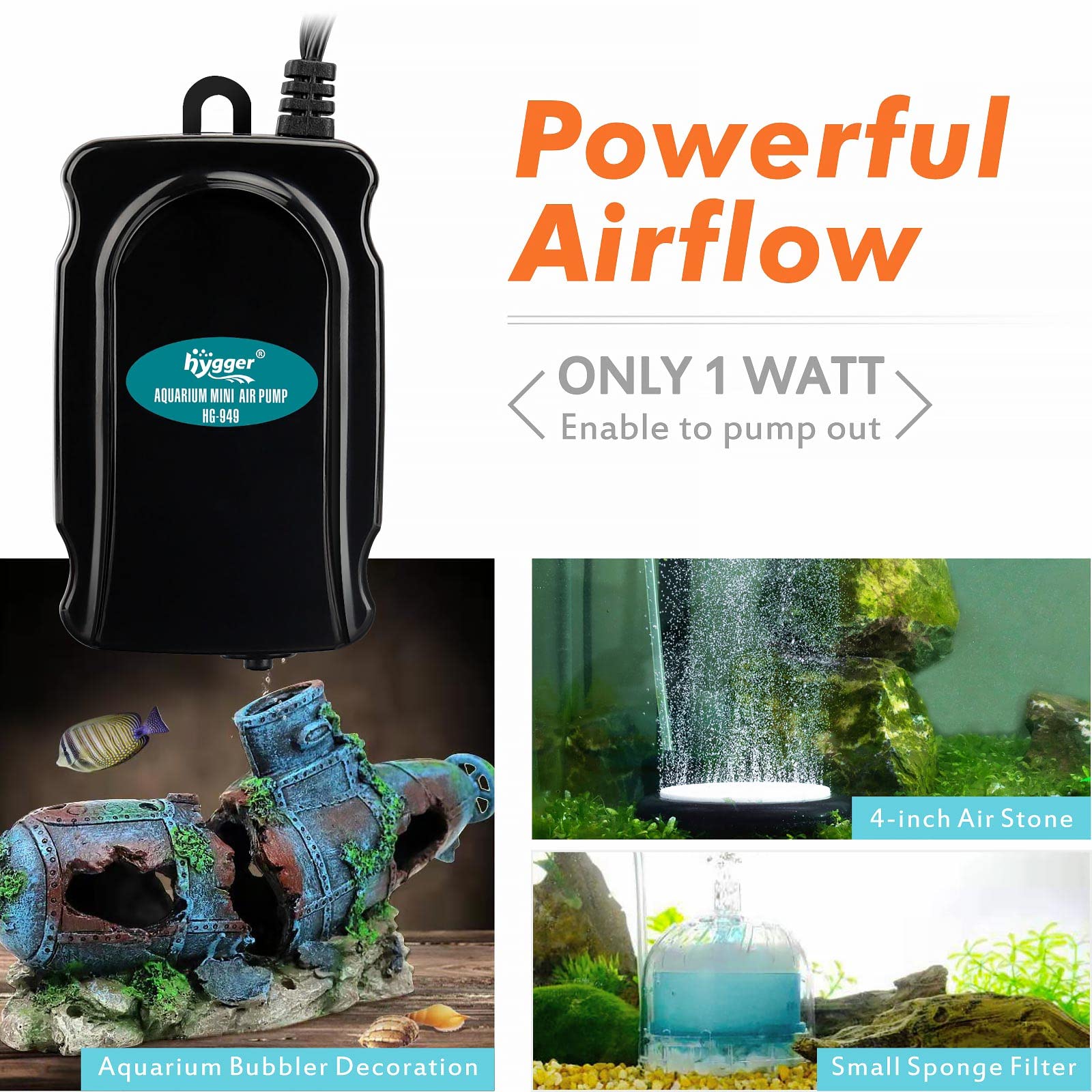 hygger mini aquarium air pump kit wall-mount friendly for quiet operation on shelf or wall