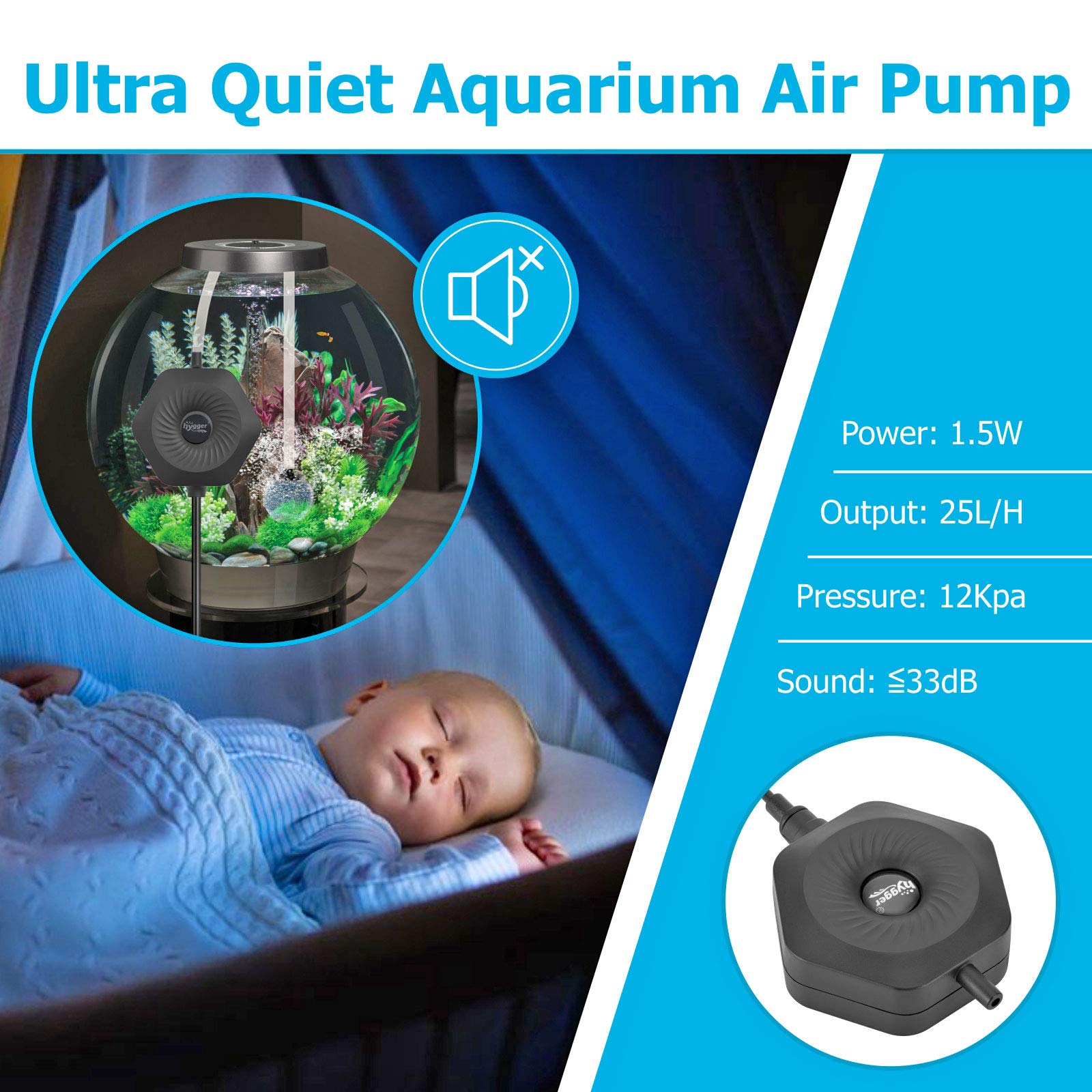 hygger mini pump with double-side suction cups for secure mounting.