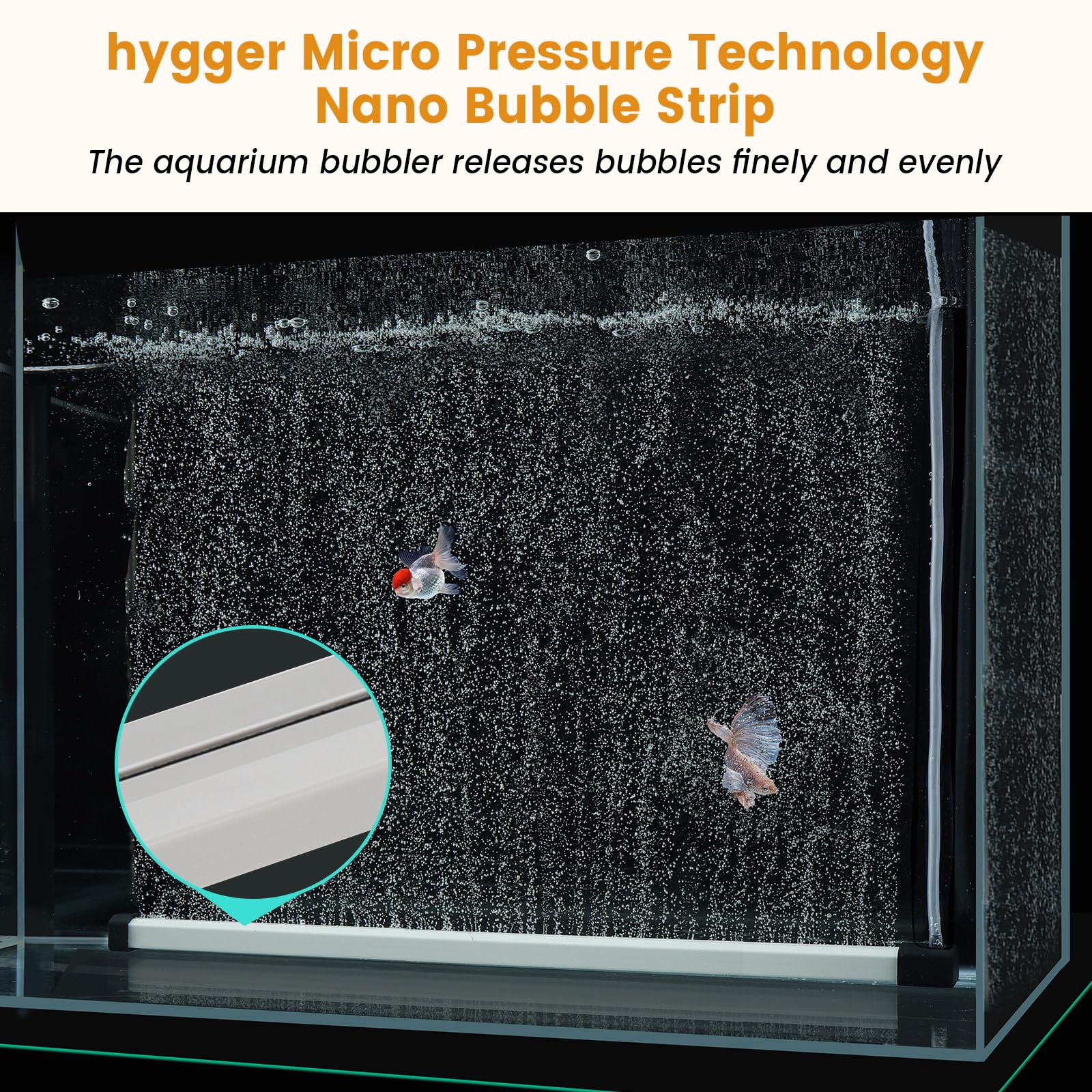 Hygger nano air bubble strip closeup highlights ultra-fine bubbles for improved aeration.