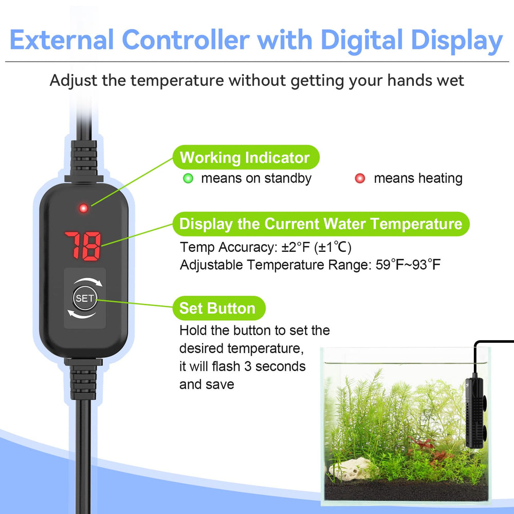 Hygger Nano submersible heater with digital display enables precise monitoring.