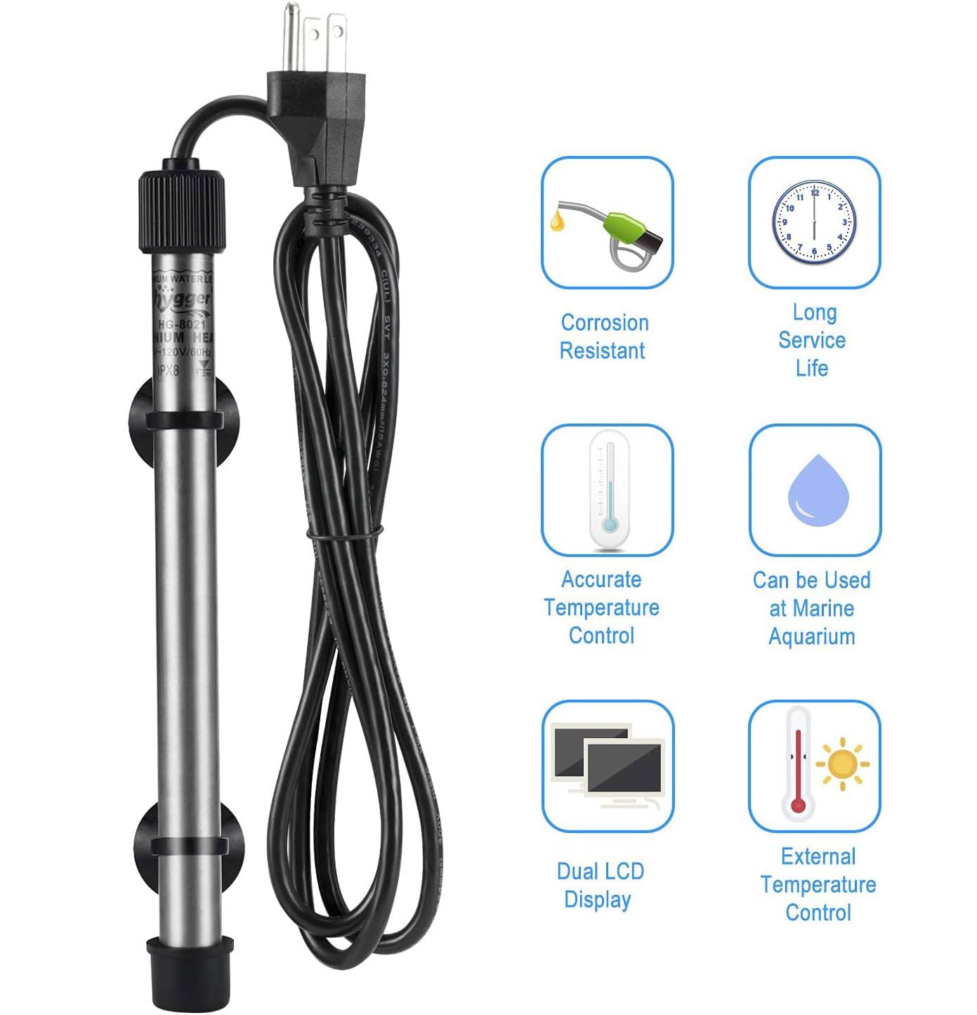 Hygger Pinpoint 200W submersible heater fits mid-sized reef and freshwater tanks.