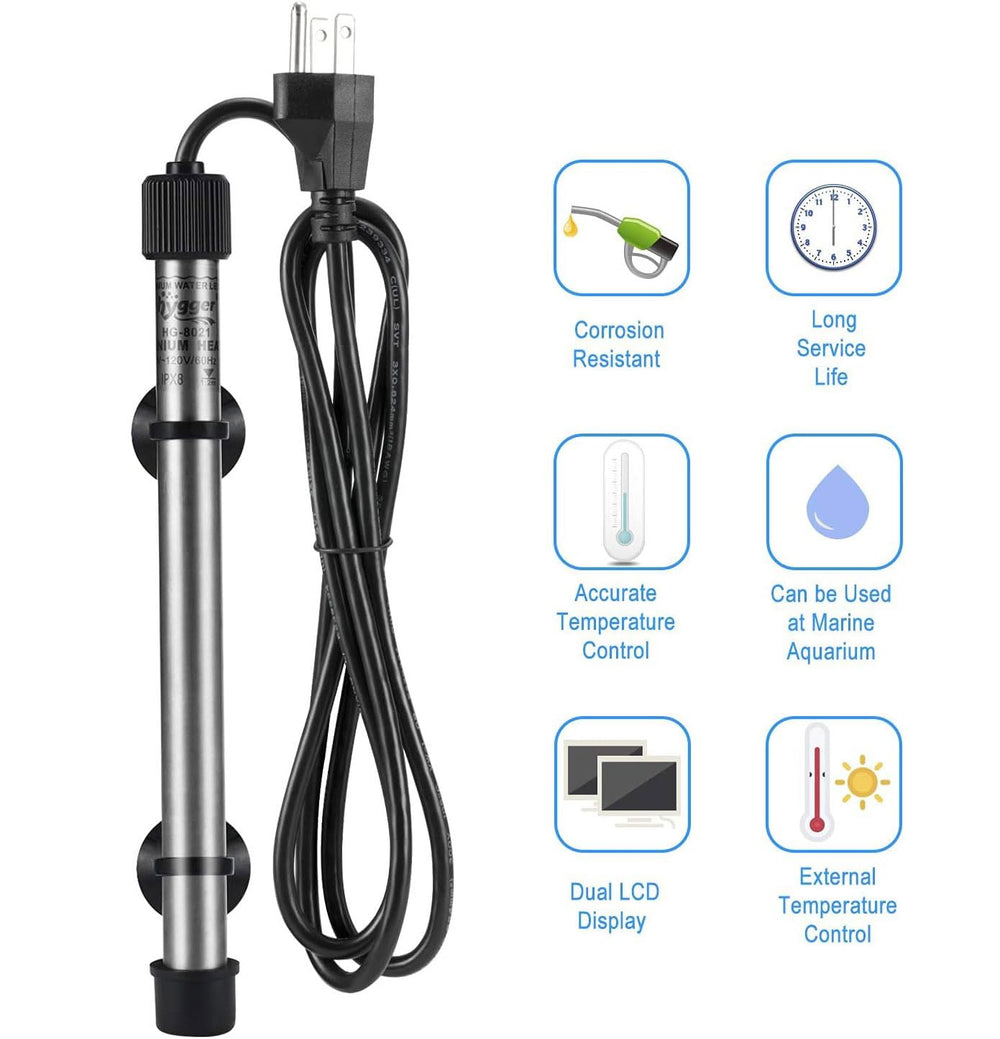 Hygger Pinpoint 200W submersible heater fits mid-sized reef and freshwater tanks.