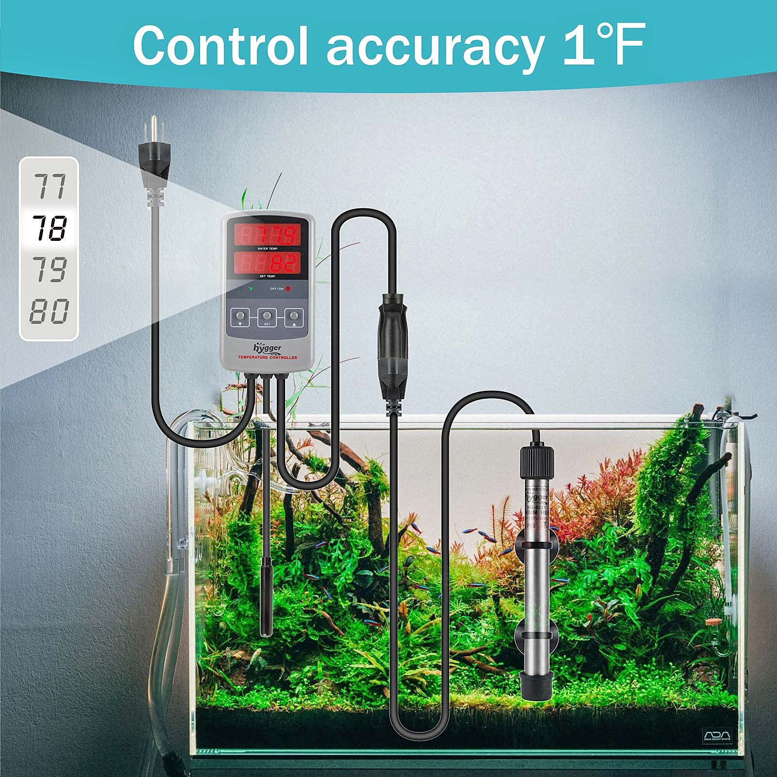 Hygger Pinpoint suction cups mounting system keeps the heater securely in place.