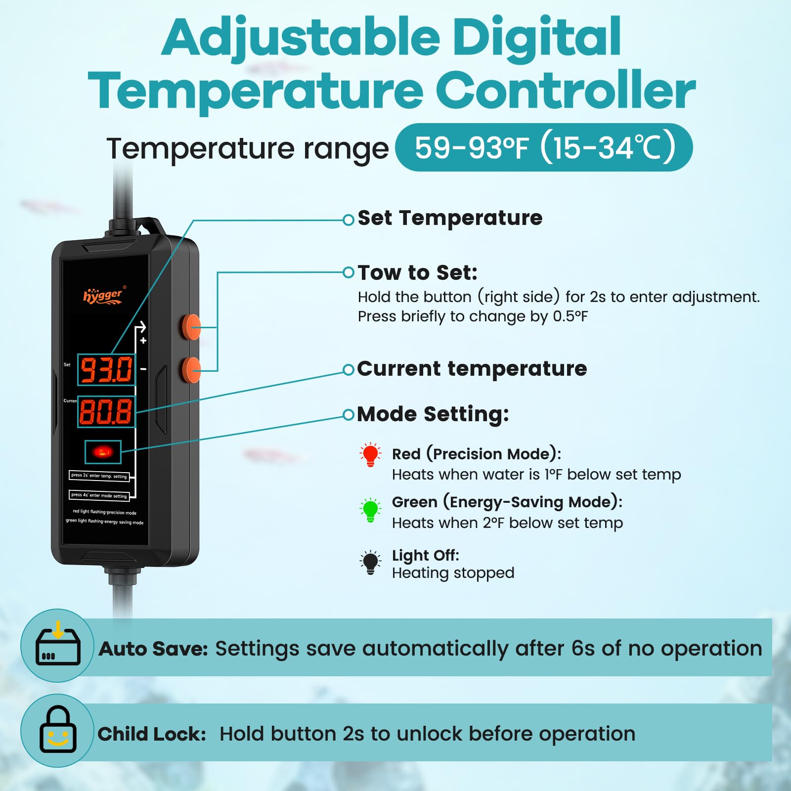 Hygger quartz glass heater close-up shows durable construction and safety features