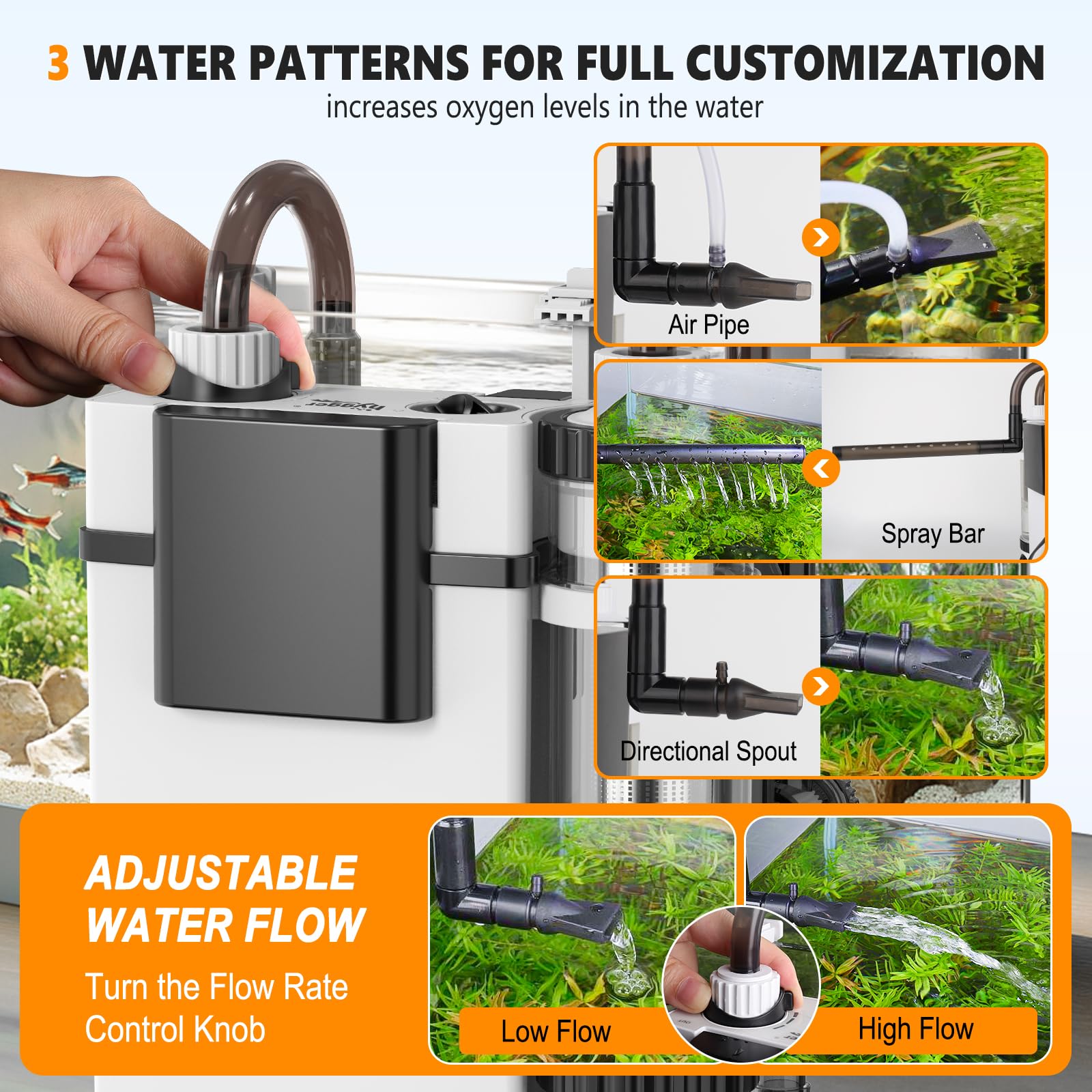 hygger quiet hang on back filter installation view showing easy setup and secure mounting