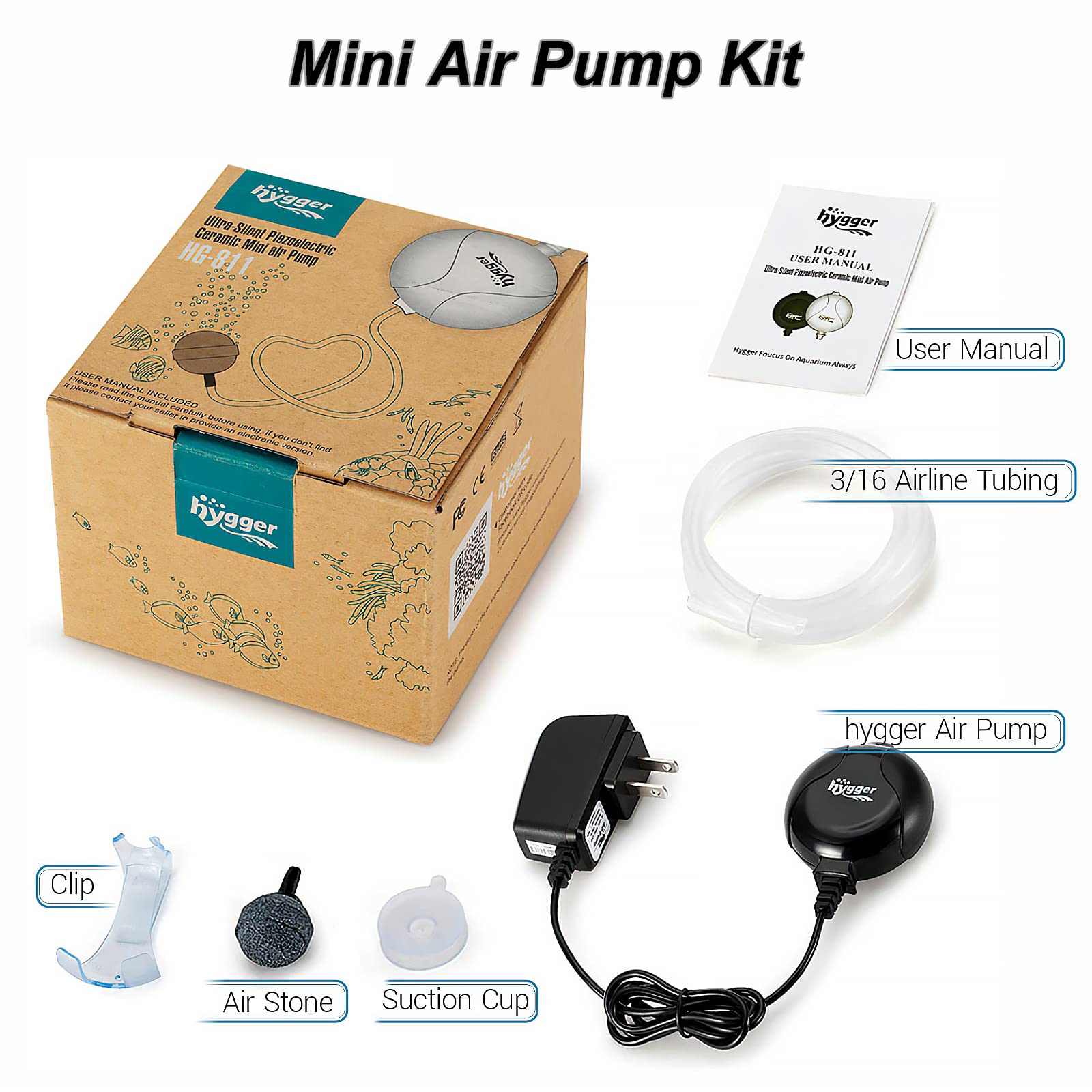 Hygger Quiet Mini Air Pump accessories pack; includes power adapter