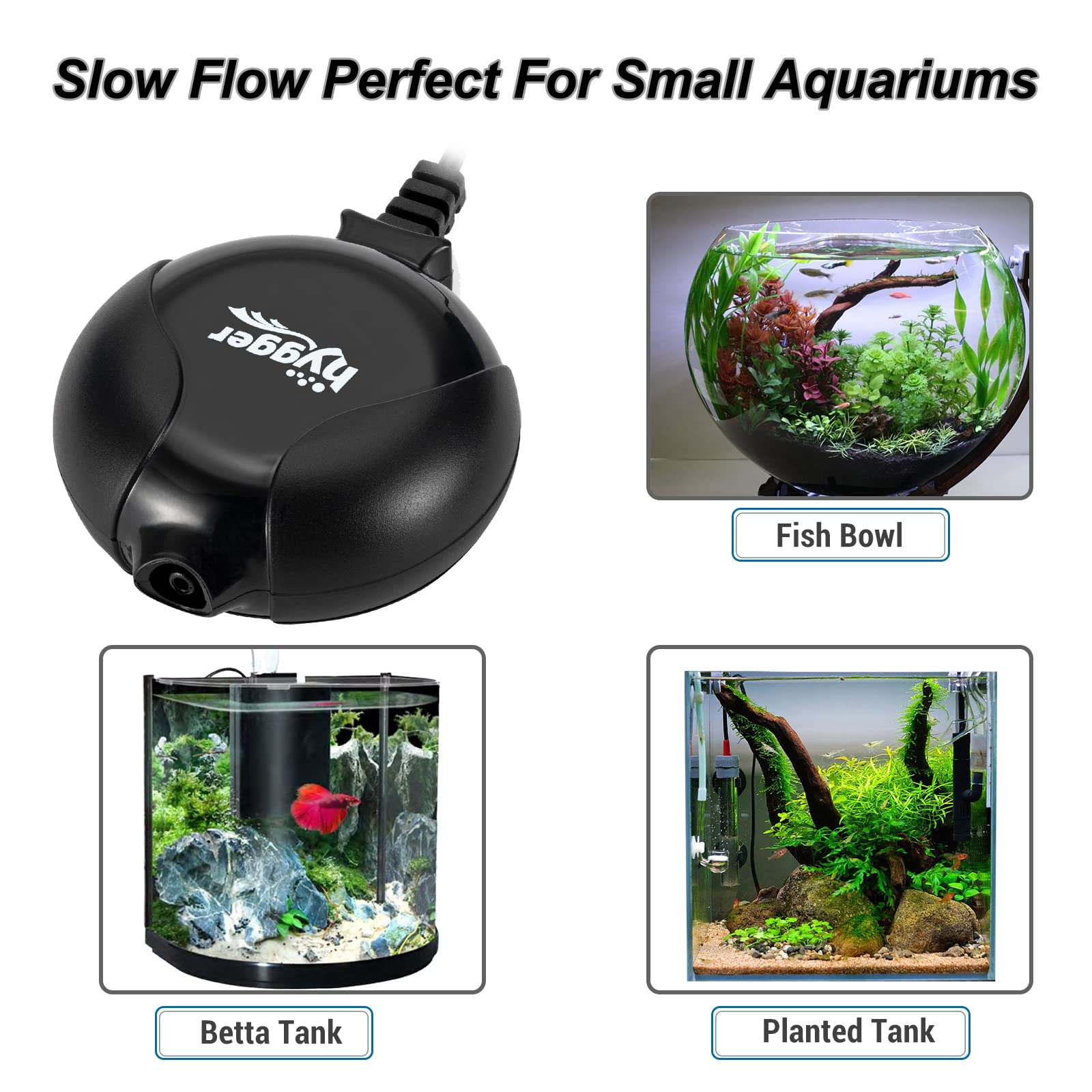 Hygger Quiet Mini Air Pump with air tube and stone; ready-to-use kit