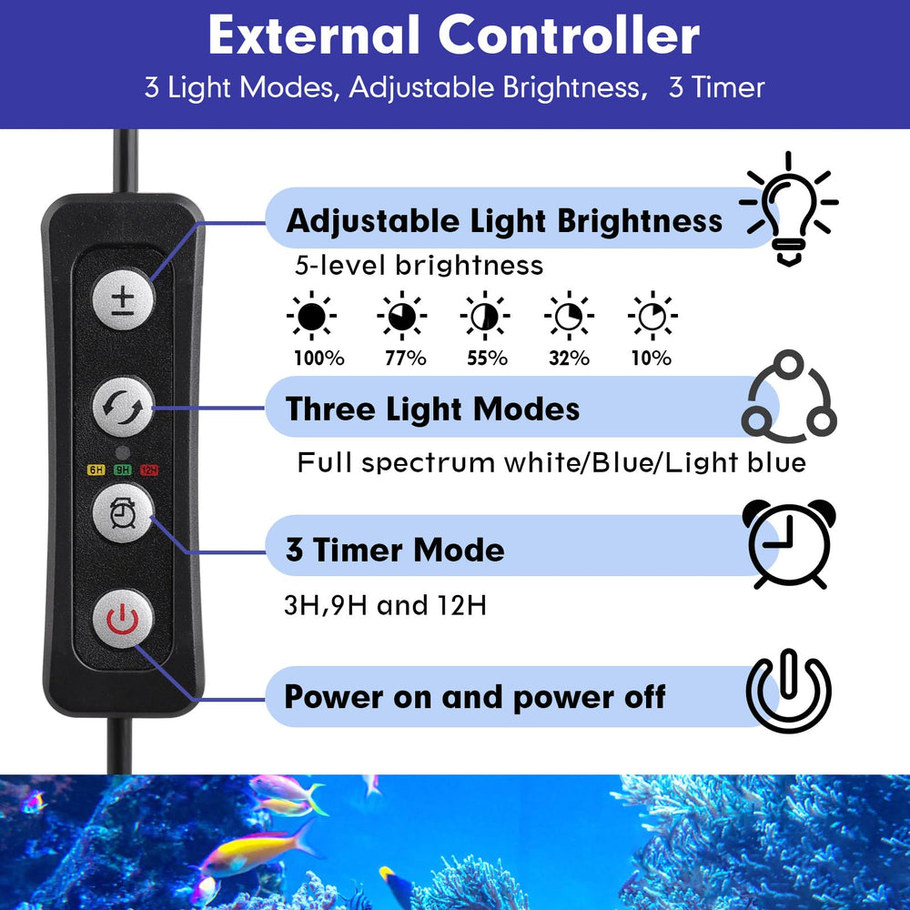 Hygger reef light color spectrum close-up highlighting royal blue and white LEDs for color pop.
