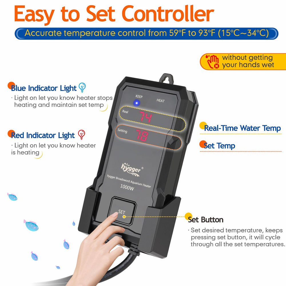 Hygger submersible aquarium heater blends with tank decor while safely heating water.