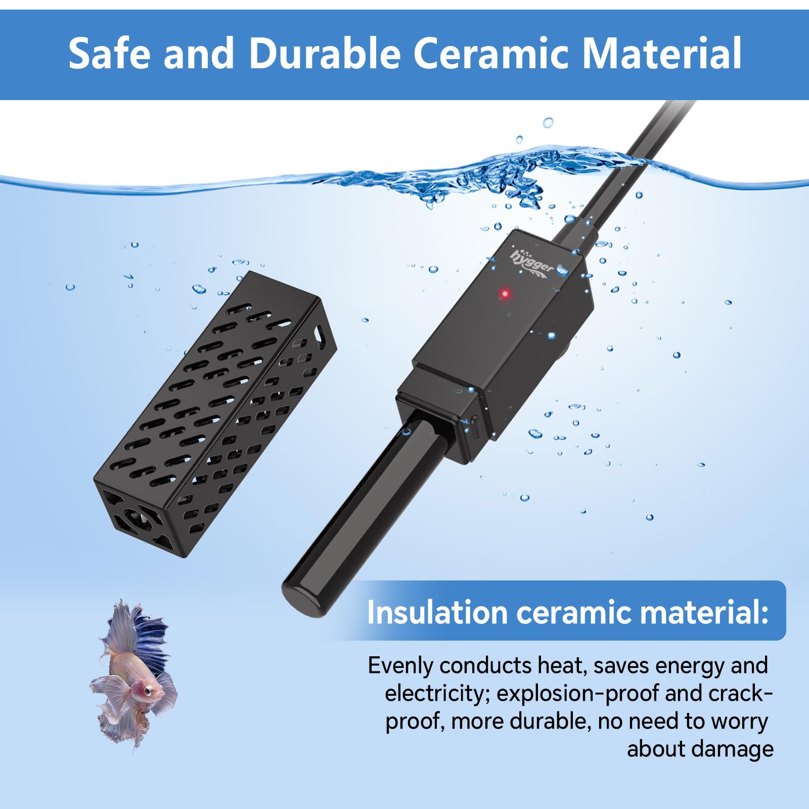 Hygger submersible betta heater with two suction cups for secure placement.