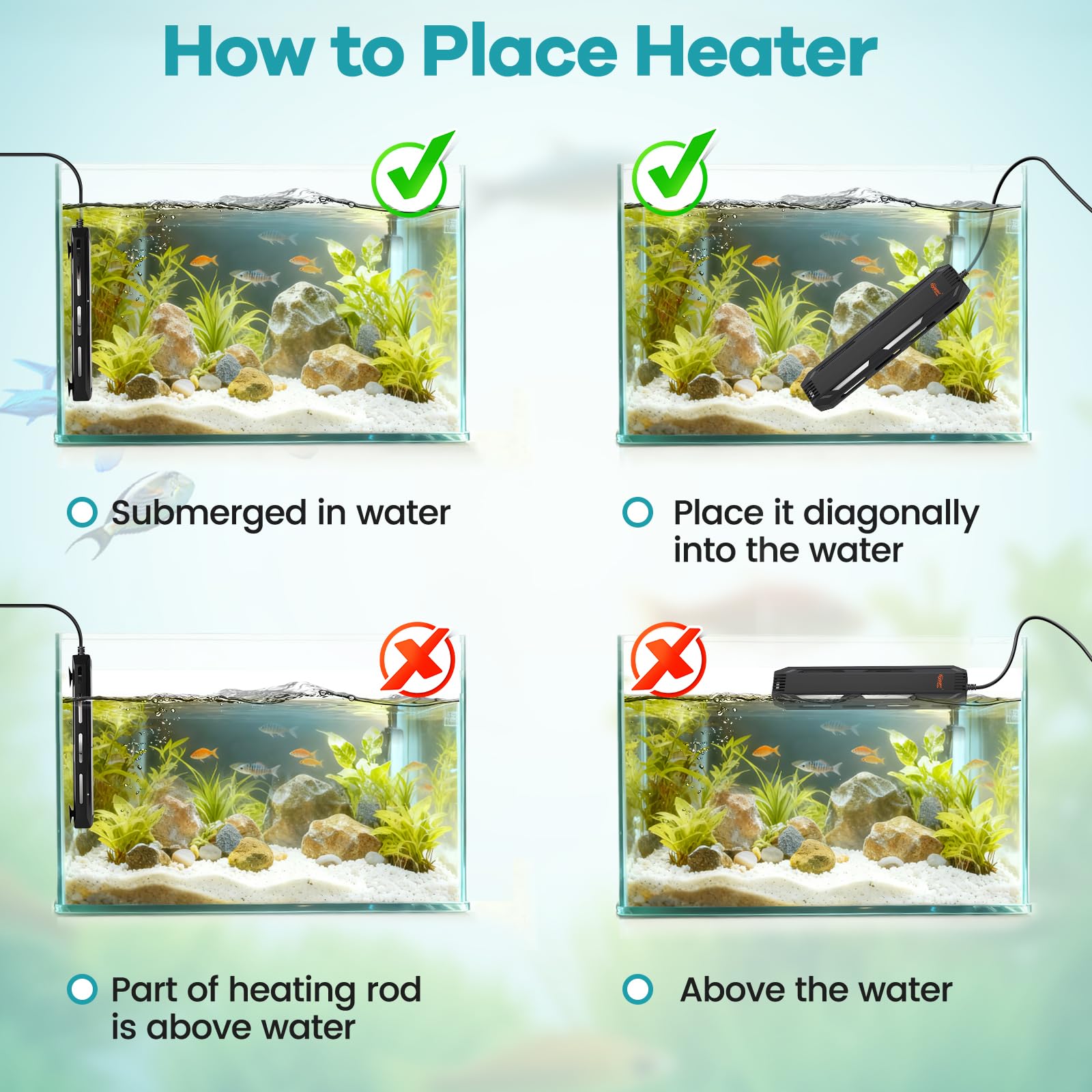 Hygger submersible design shown inside the tank offers versatile use