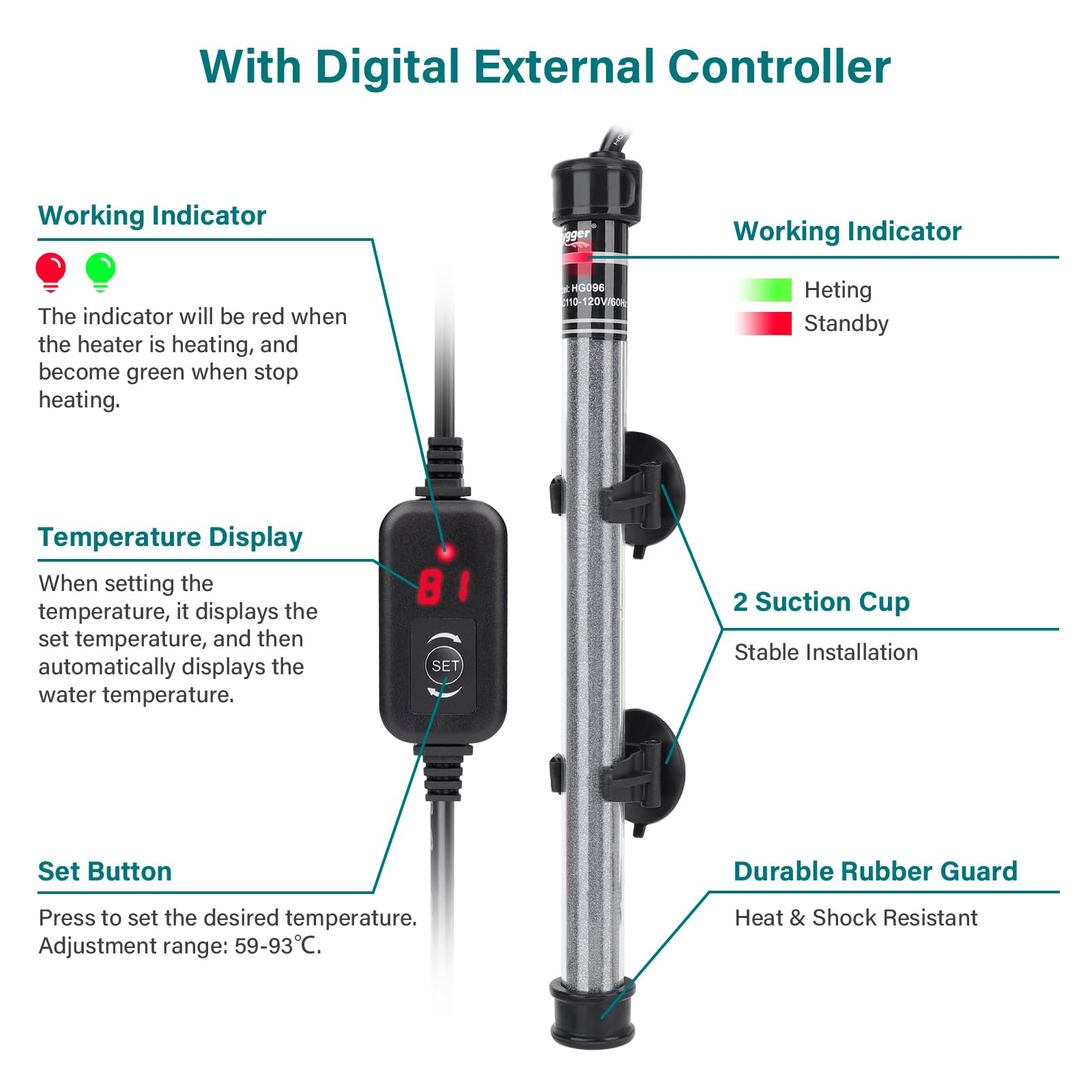 Hygger submersible heater external controller enables touchless temperature adjustment.