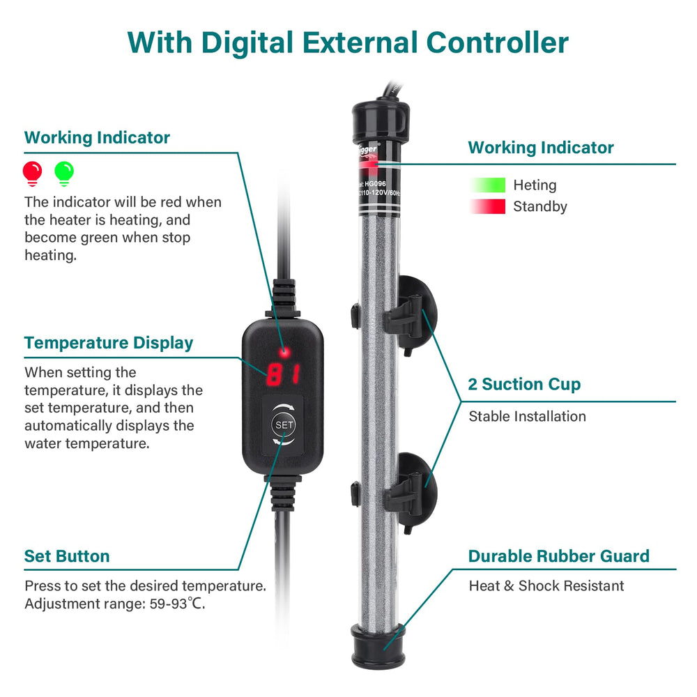 Hygger submersible heater external controller enables touchless temperature adjustment.