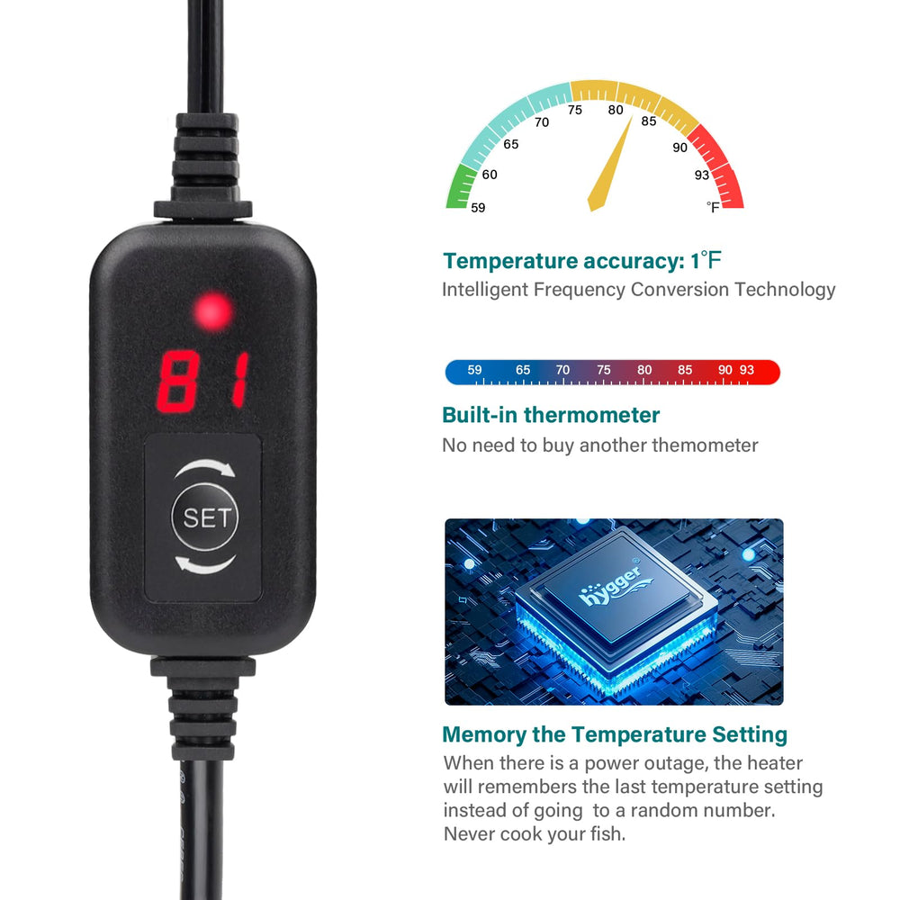 Hygger submersible heater quartz glass construction ensures durable heating.