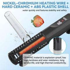 Hygger submersible heater shows shatterproof ABS shell and durable build for aquatic setups.