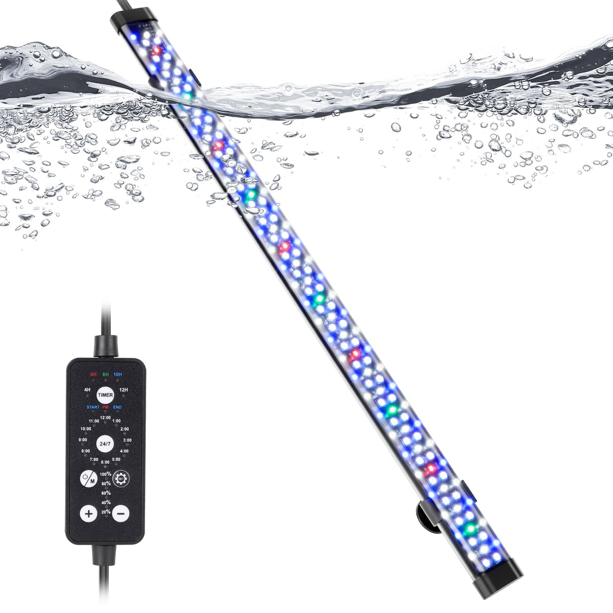 Hygger submersible LED aquarium light, front view, showcasing full-spectrum brightness for vibrant tanks