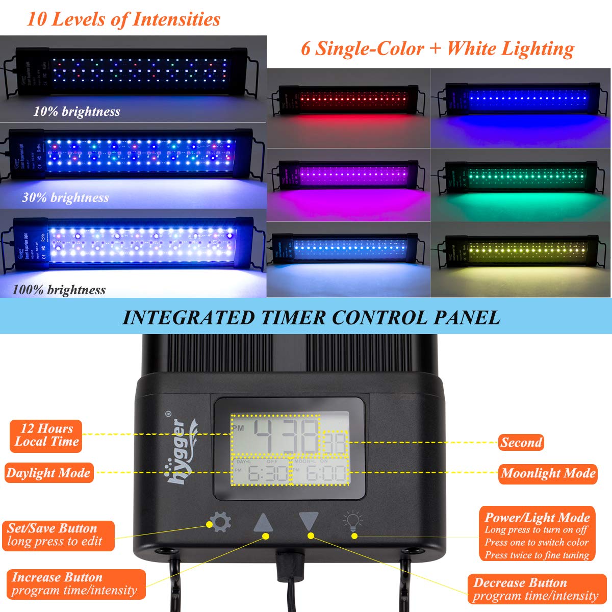 Hygger programmable sunrise sunset aquarium light showing color transitions.