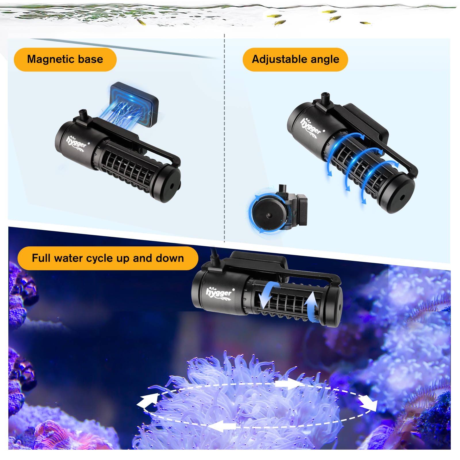 Hygger super silent operation emphasizing near-silent pumping in quiet tanks