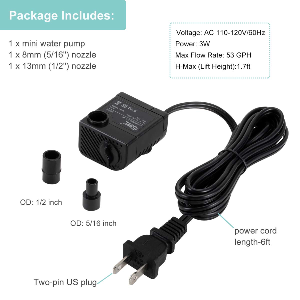 Hygger Ultra Quiet 53GPH pump compact size fits desktops and small tanks.
