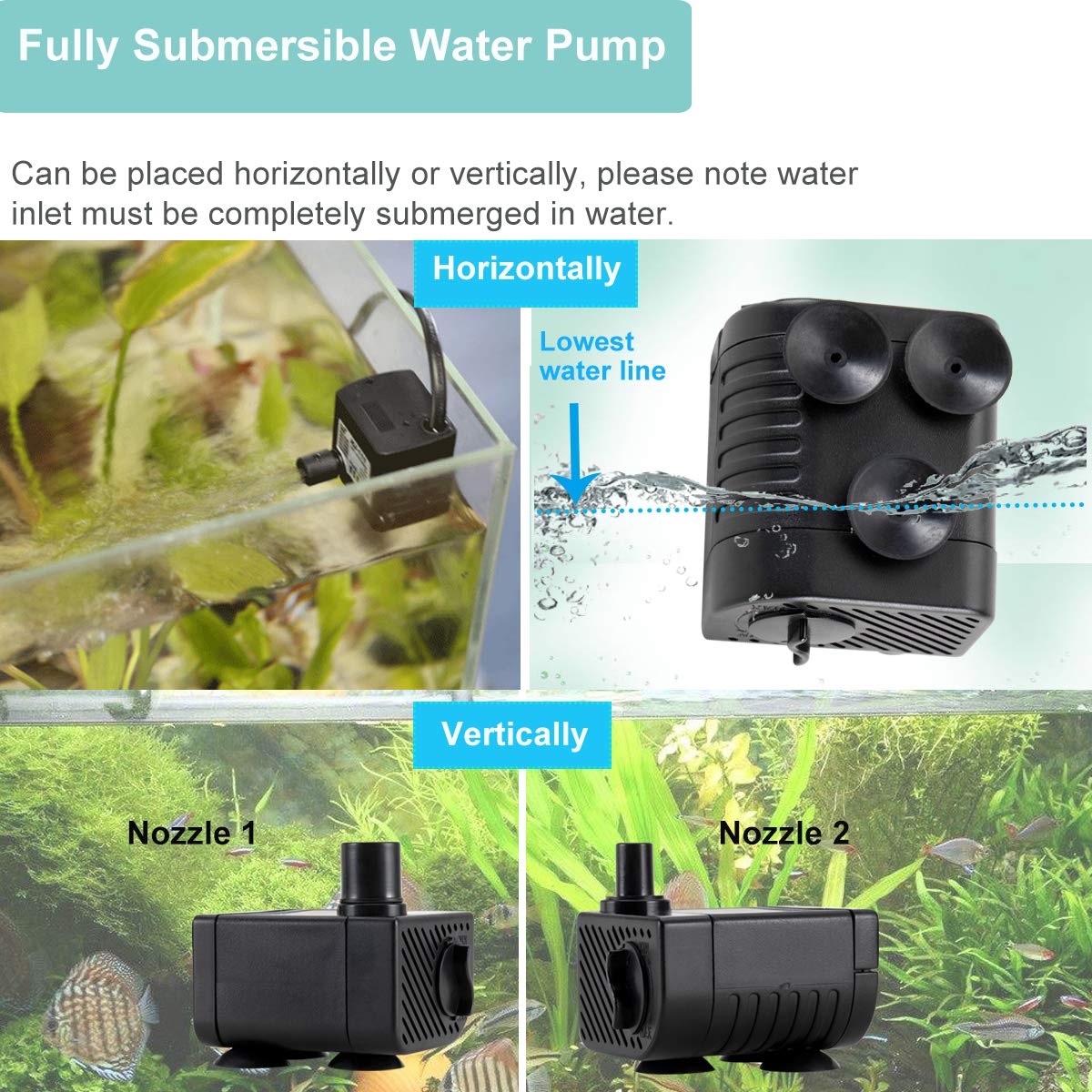 Hygger Ultra Quiet 53GPH pump dual-nozzle setup offers flexible routing.