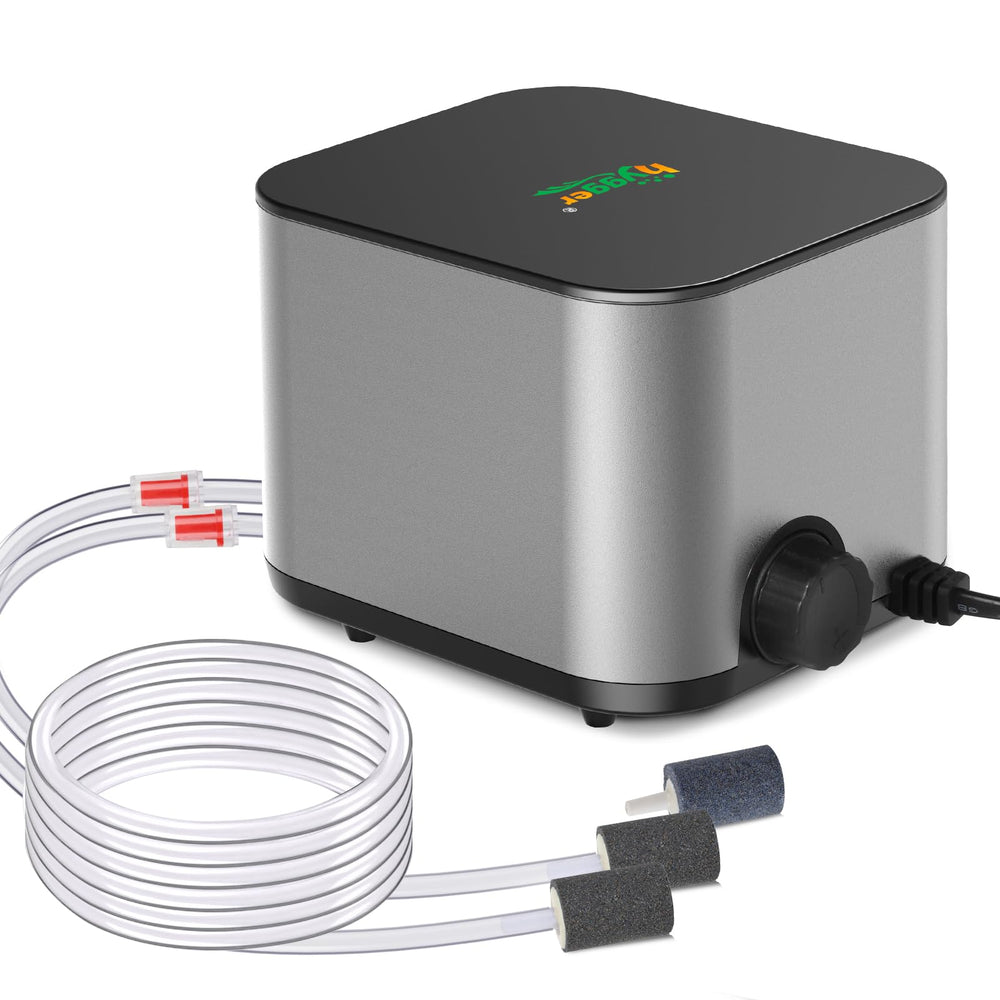Hygger Ultra Quiet air pump front view highlighting compact design for peaceful tank aeration