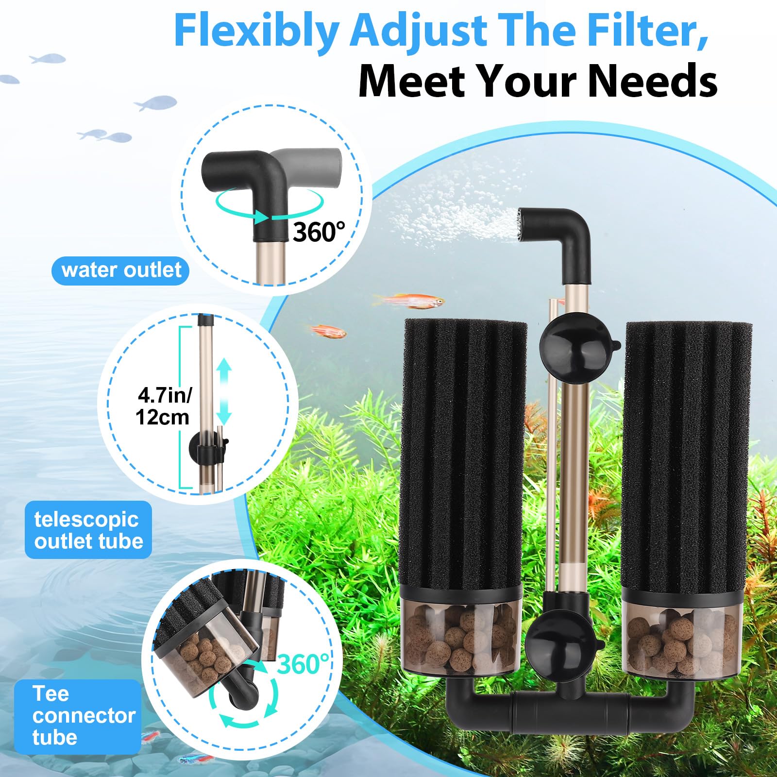 Hygger rotatable water outlet allows adjustable flow direction for tank customization.