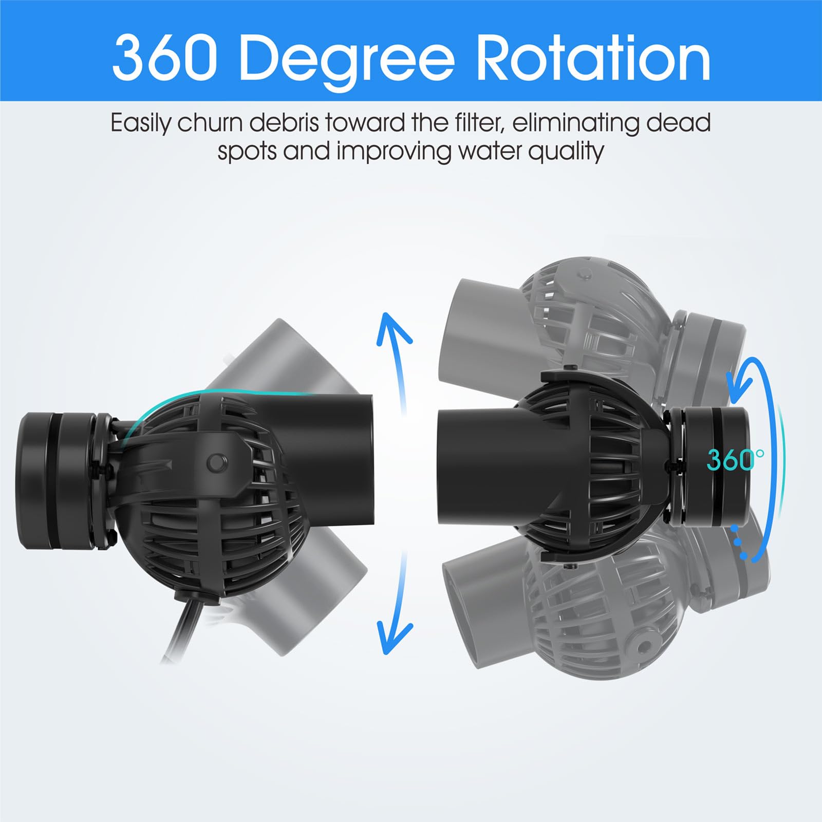 Hygger Wave Maker-360-rotating-flow enables versatile direction for thorough water movement.