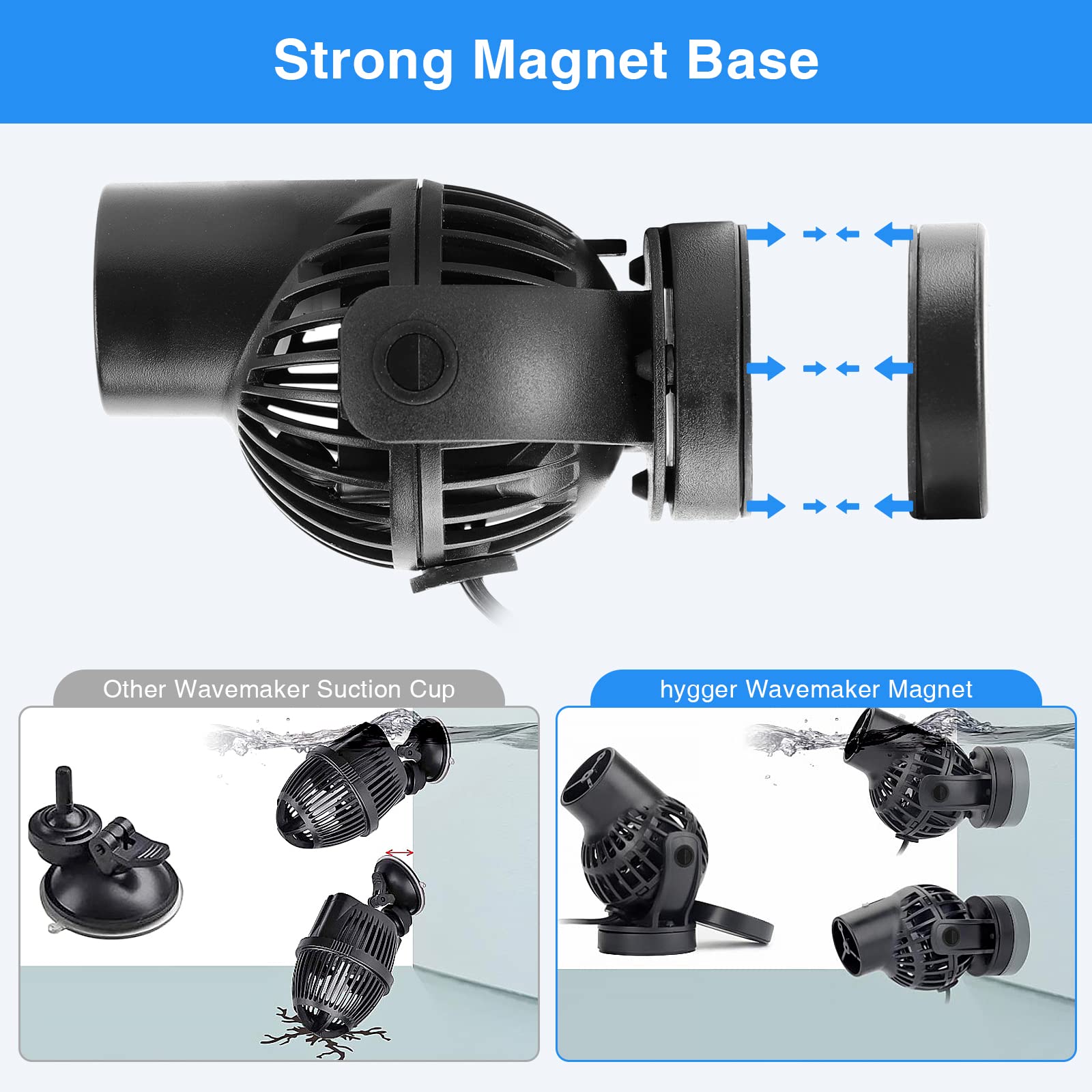 Hygger Wave Maker-in-tank-installation shows easy setup with magnet base and suction cups.