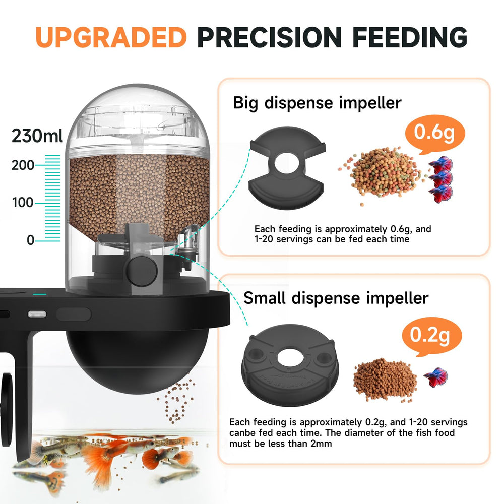 Hygger 230ml capacity feeder reduces refill frequency during vacations.