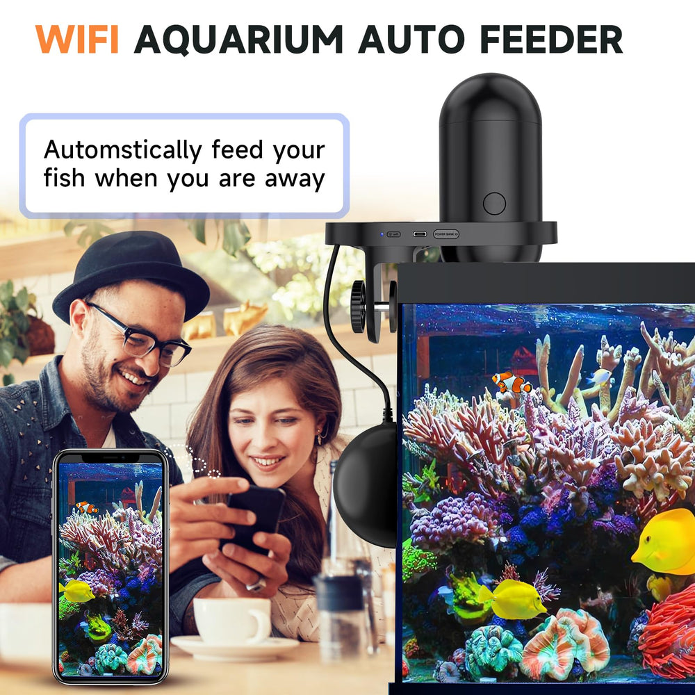 Hygger WiFi feeder top view highlighting compact placement for versatile tank setups.