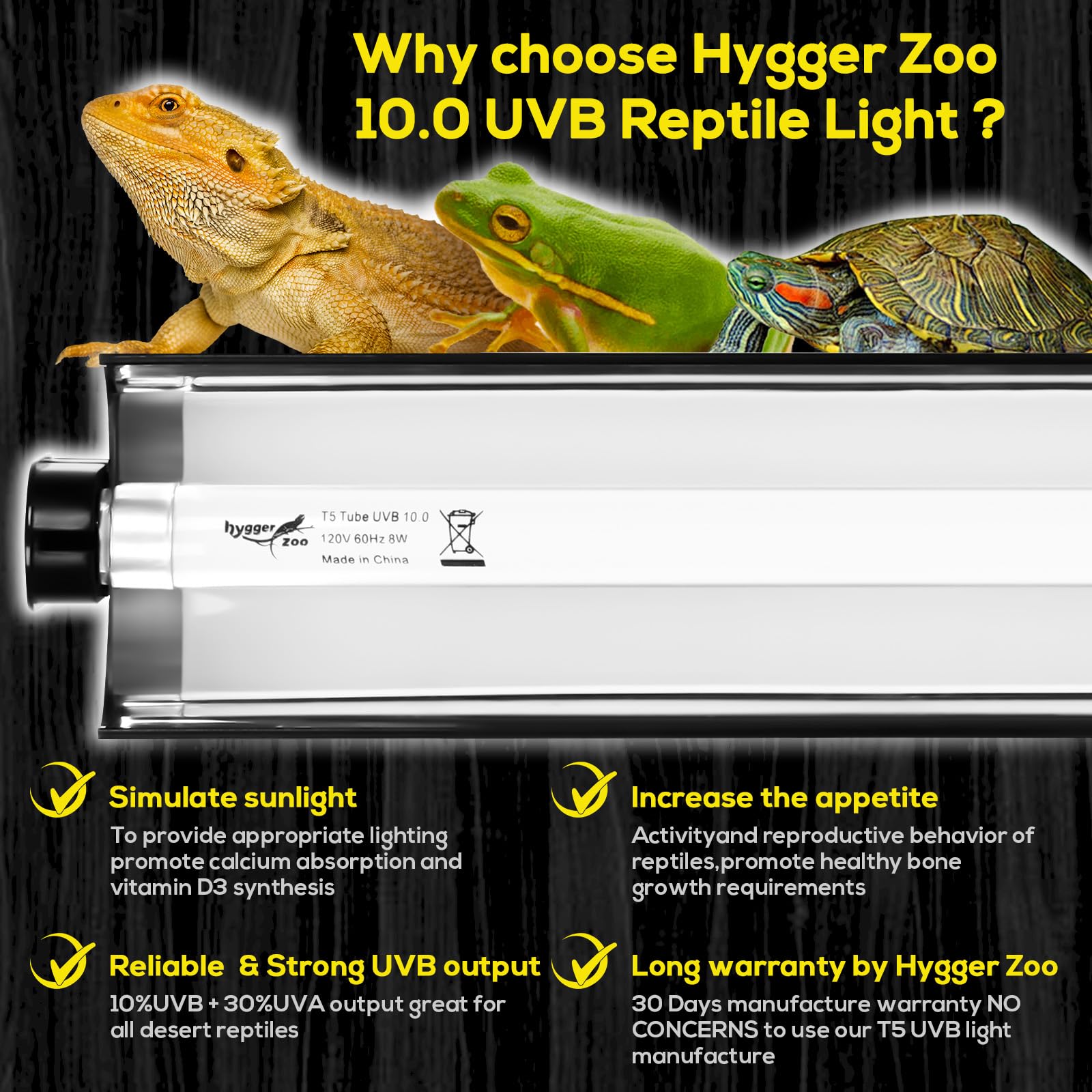 Hygger Zoo T5 Kit reflector inside highlights strong UVB output for basking health.