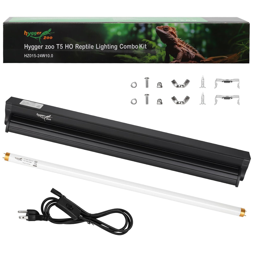 Hygger zoo T5 UVB light fixture with 22-inch hood provides strong UVB for reptile basking.