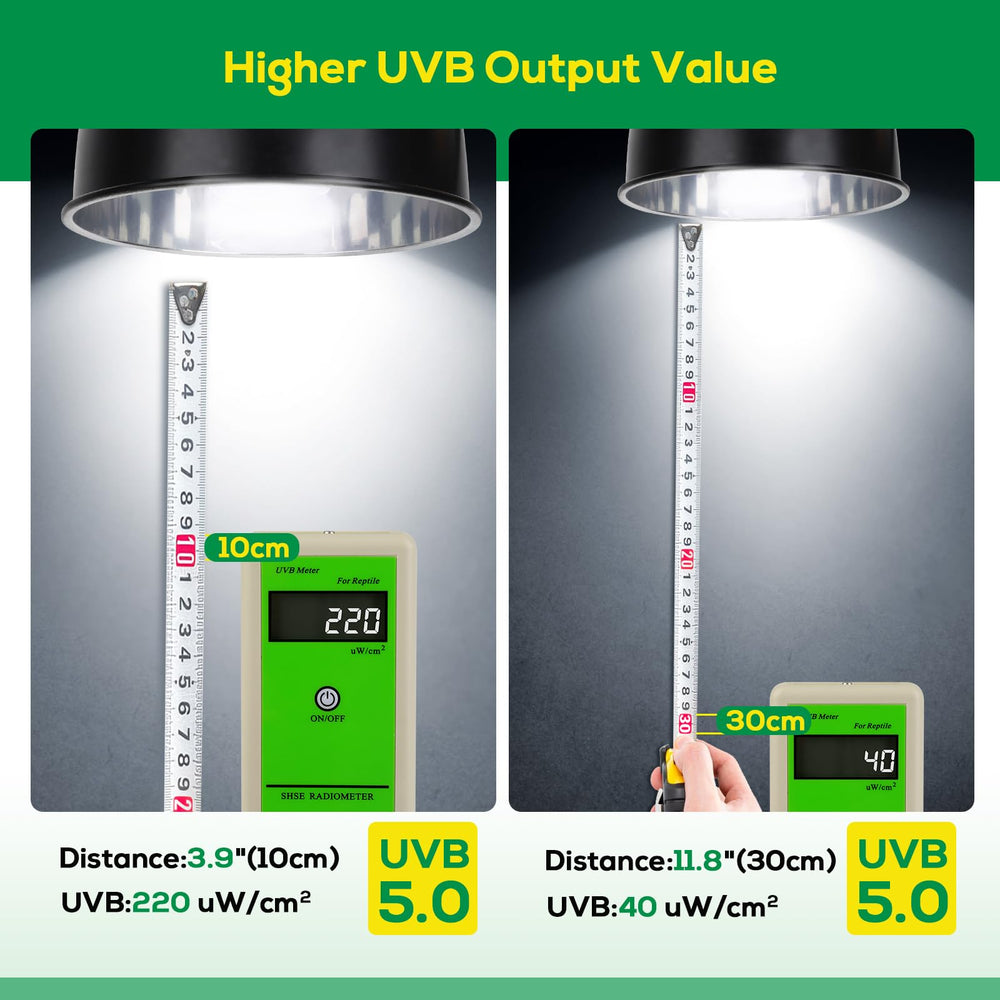 Hygger zoo UVB bulb terrarium-use scene showing reliable 5% UVB and 30% UVA.