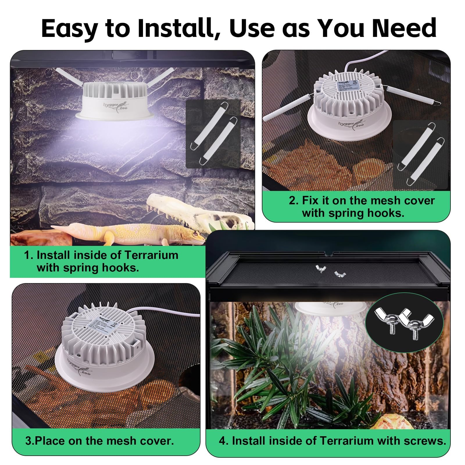 Hygger zoo UVB light in chameleon terrarium for bright, vibrant enclosure lighting.