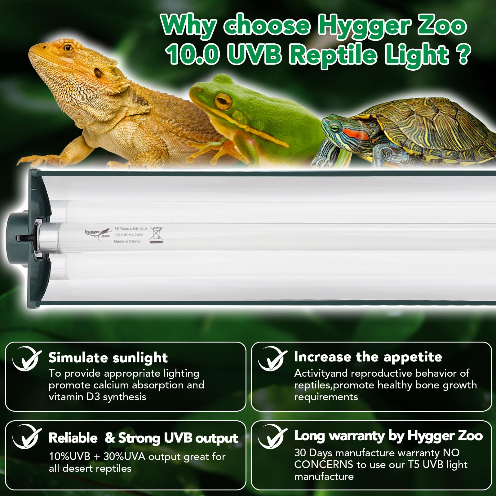 Hygger Zoo T5 Reptile Light Fixture with reflective layer boosting UV output