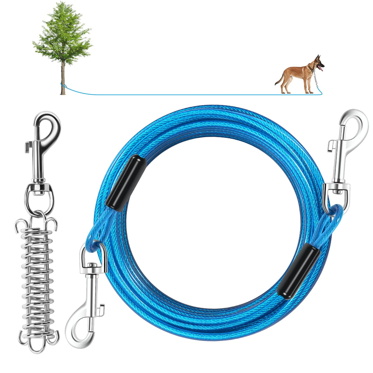 HYHJH dog tie-out cable 30ft shows rugged galvanized steel for outdoor use and camping.