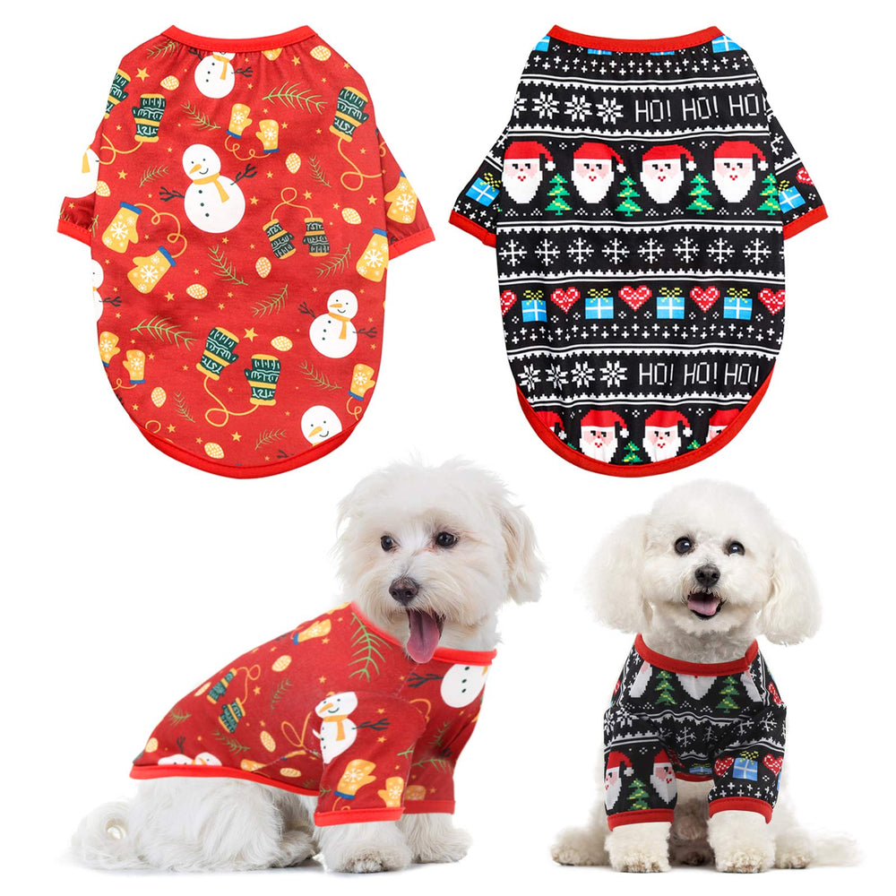 HYLYUN dog Christmas shirt two-pack front view with festive prints for small pets