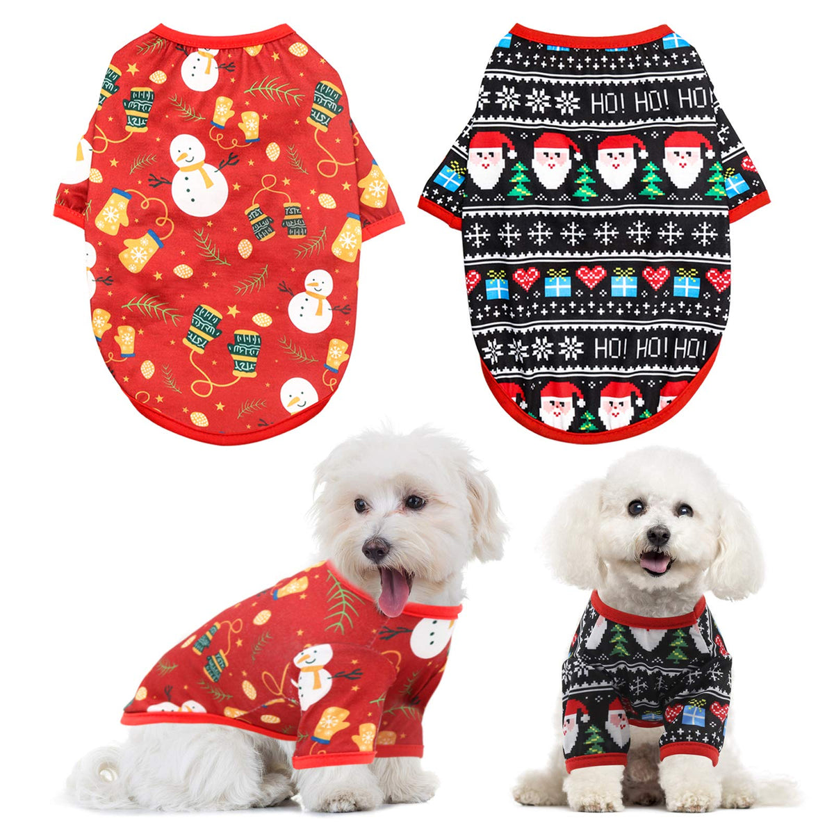 HYLYUN dog Christmas shirt two-pack front view with festive prints for small pets