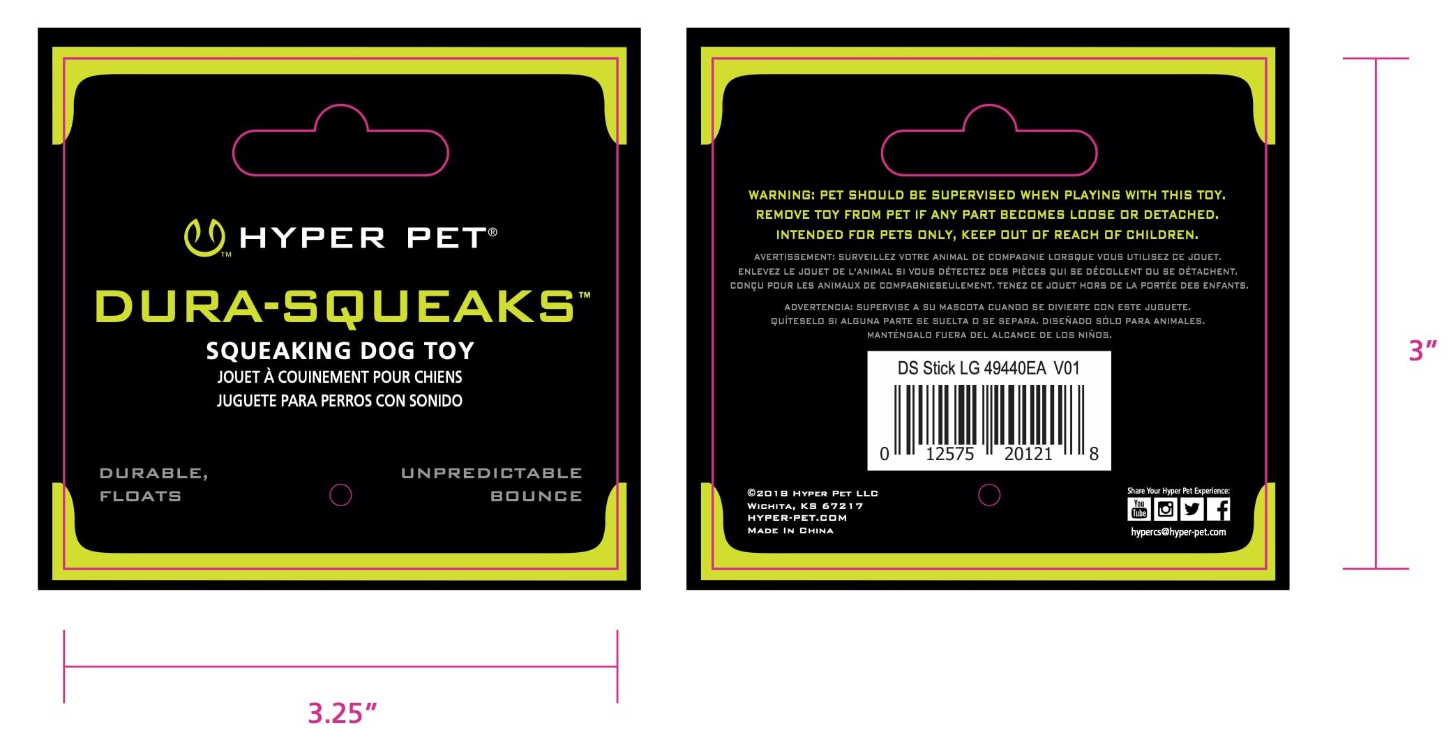 Hyper Pet Dura-Squeaks stick toy packaged for easy storage.