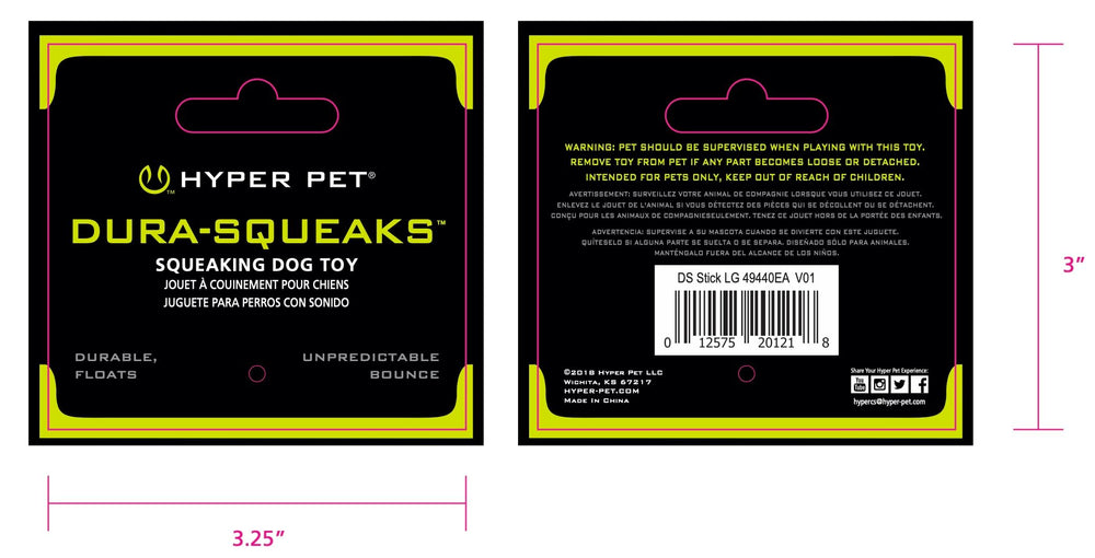 Hyper Pet Dura-Squeaks stick toy packaged for easy storage.